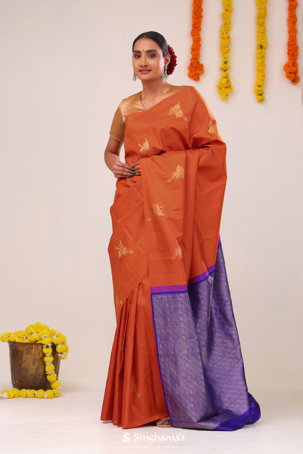 Chinese Orange Stork Kanjivaram Silk Saree