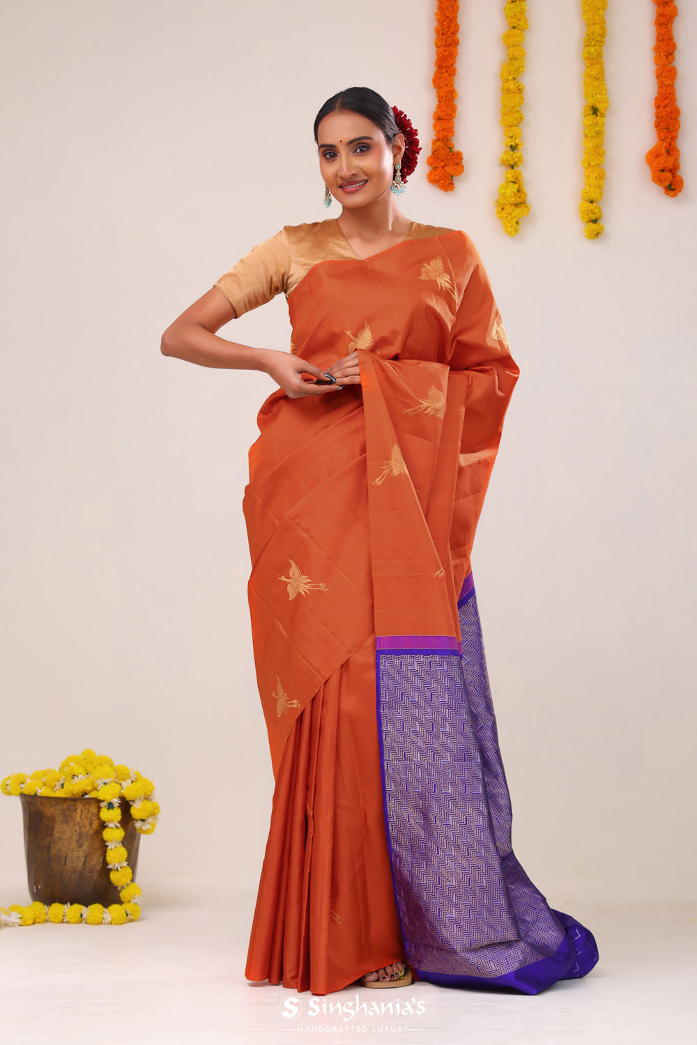 Chinese Orange Stork Kanjivaram Silk Saree