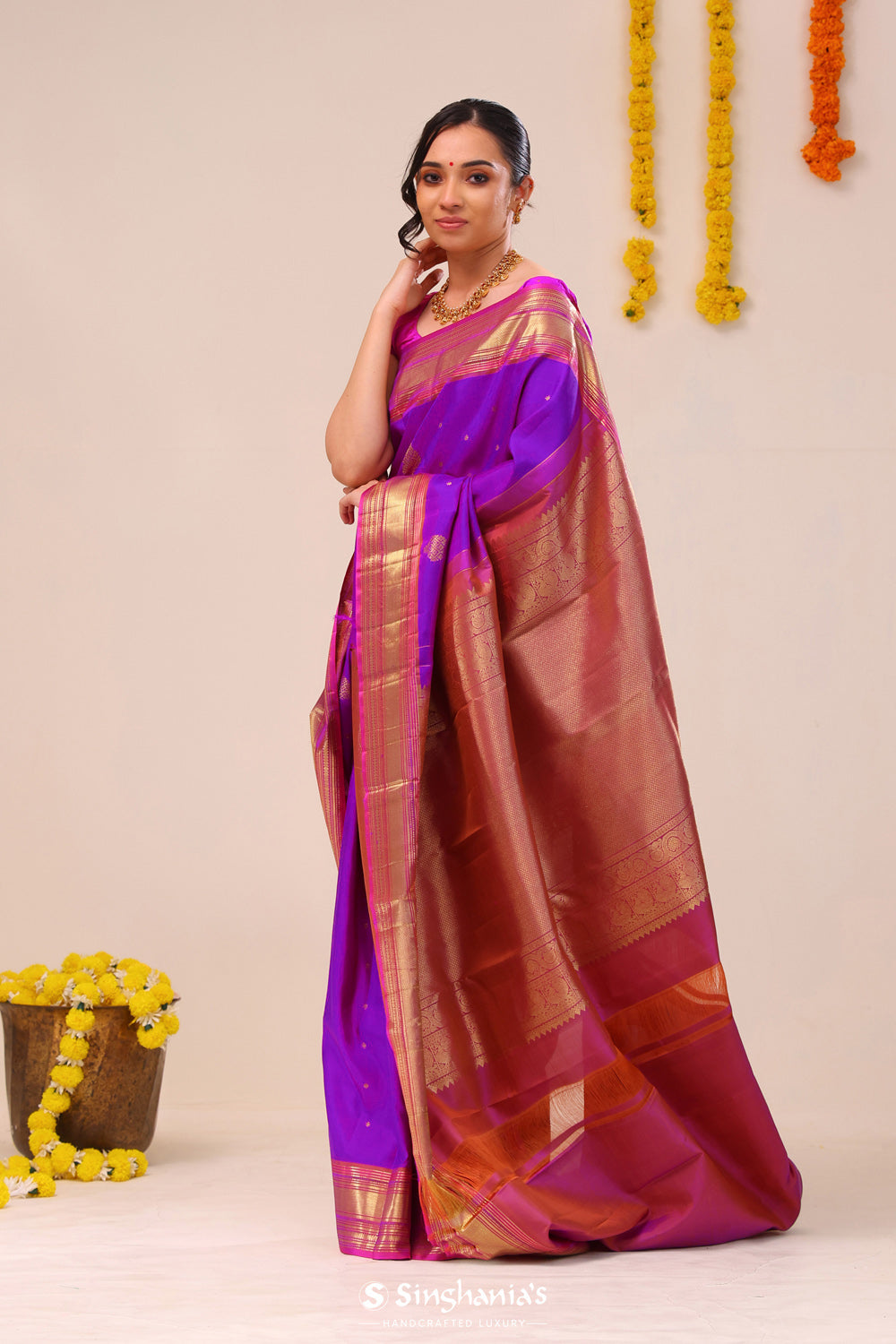 Dark Violet Butta Kanjivaram Silk Saree