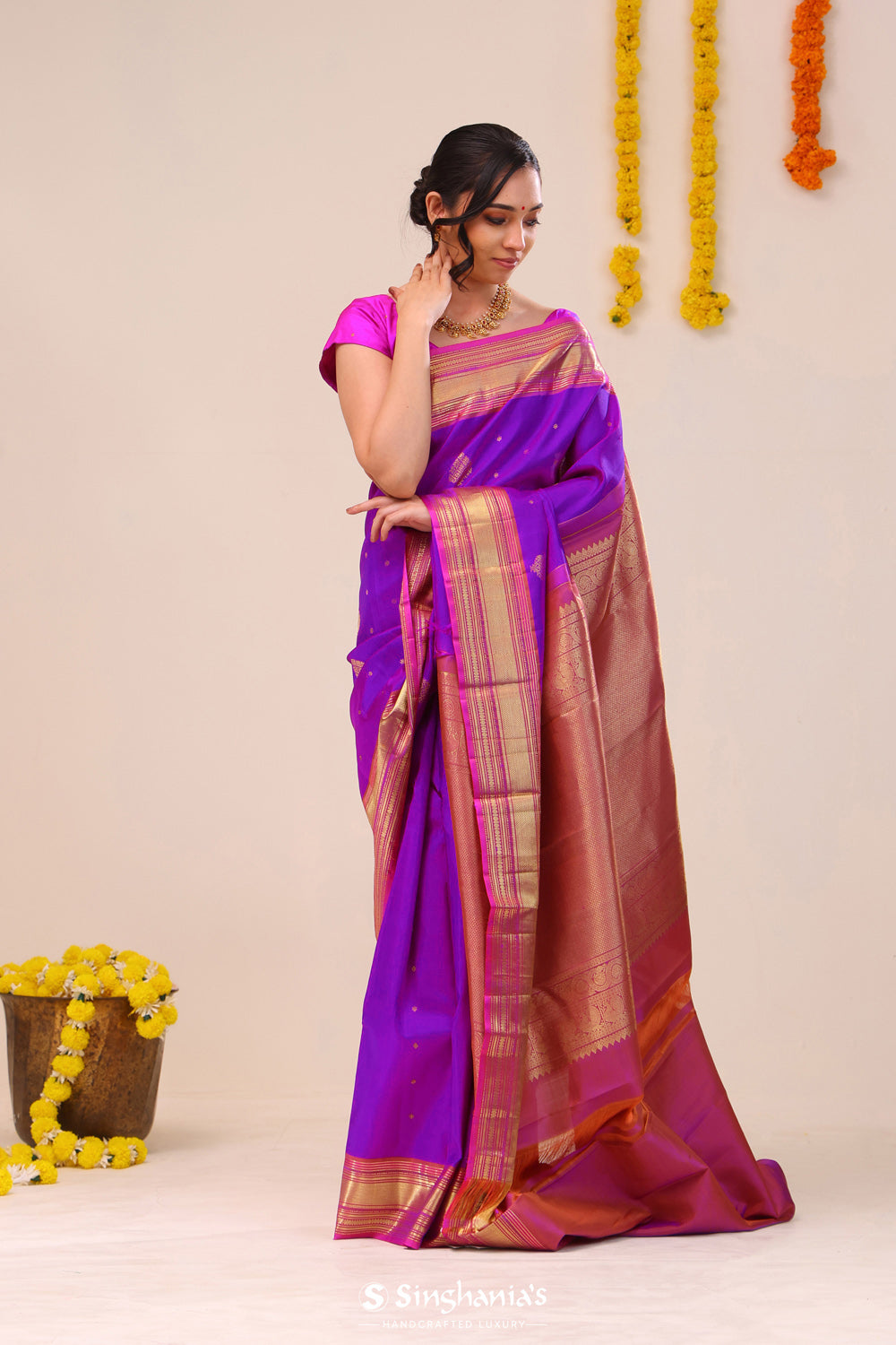 Dark Violet Butta Kanjivaram Silk Saree