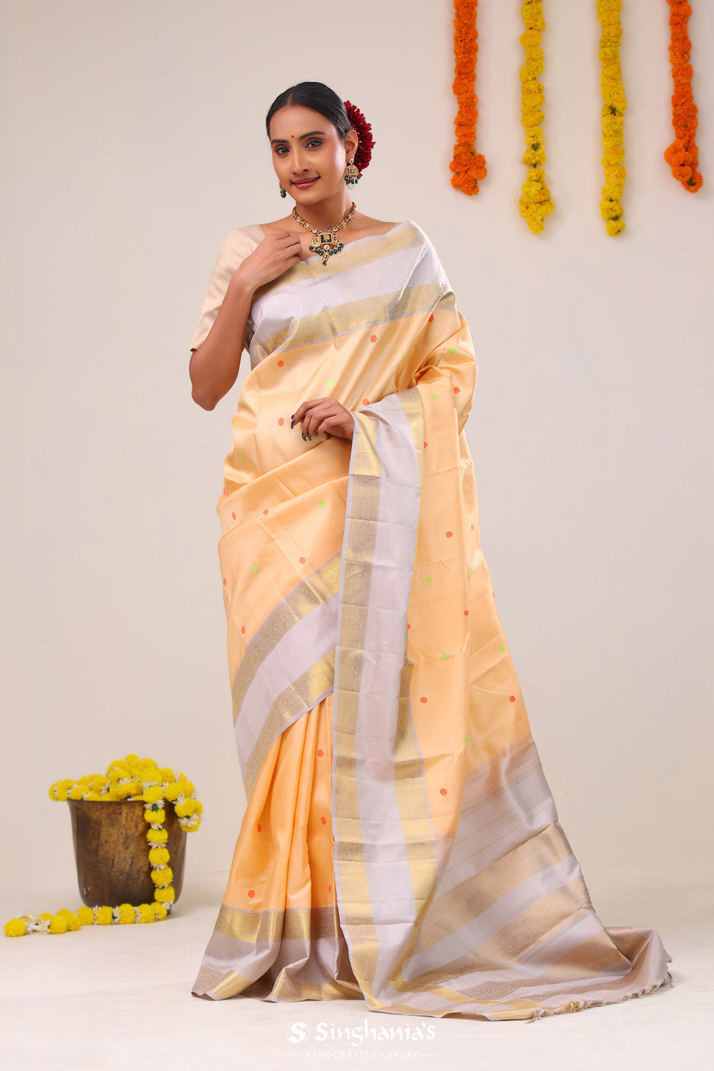 Mango Peach Heritage Kanjivaram Silk Saree