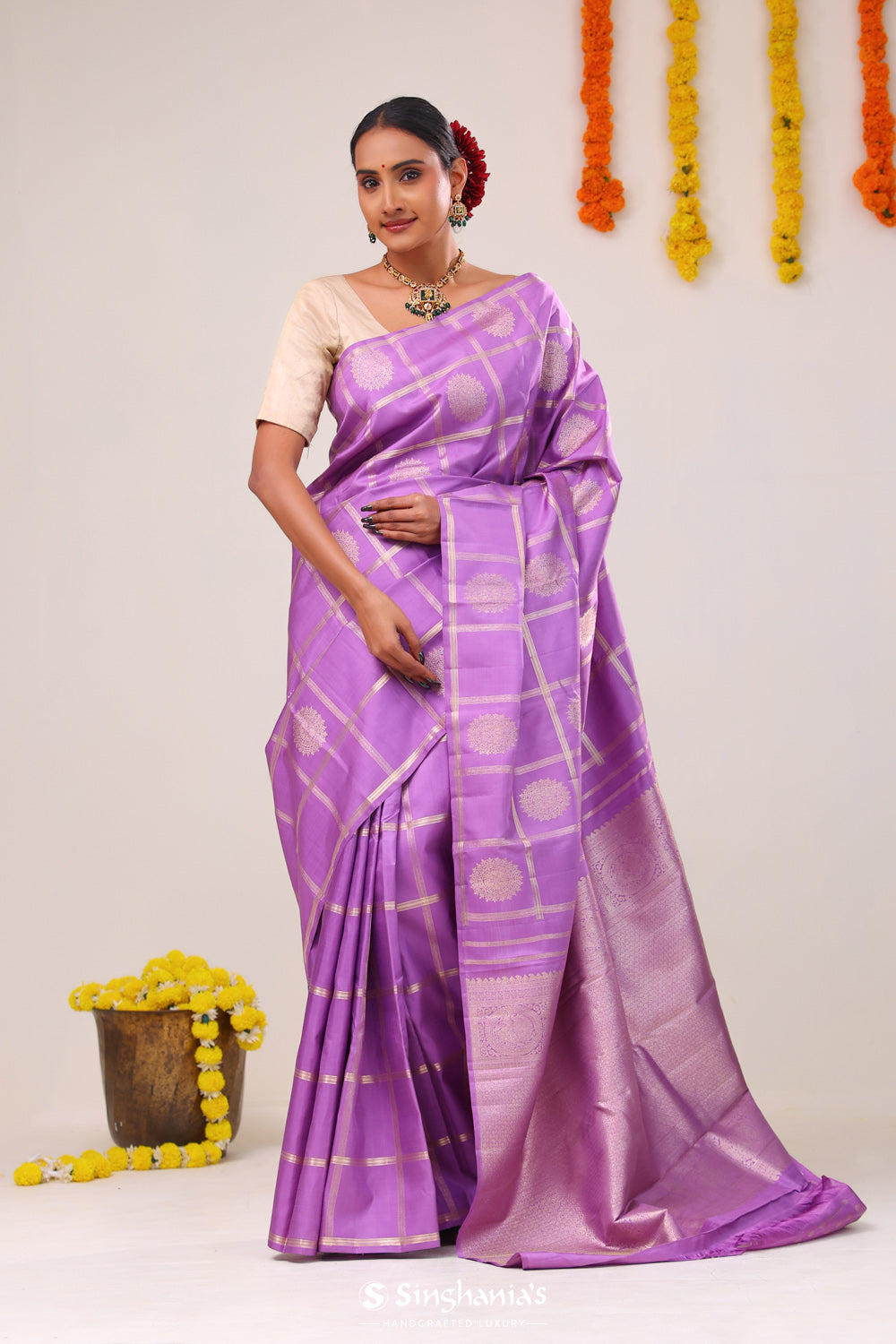 French Mauve Checks-Chkara Kanjivaram Silk Saree