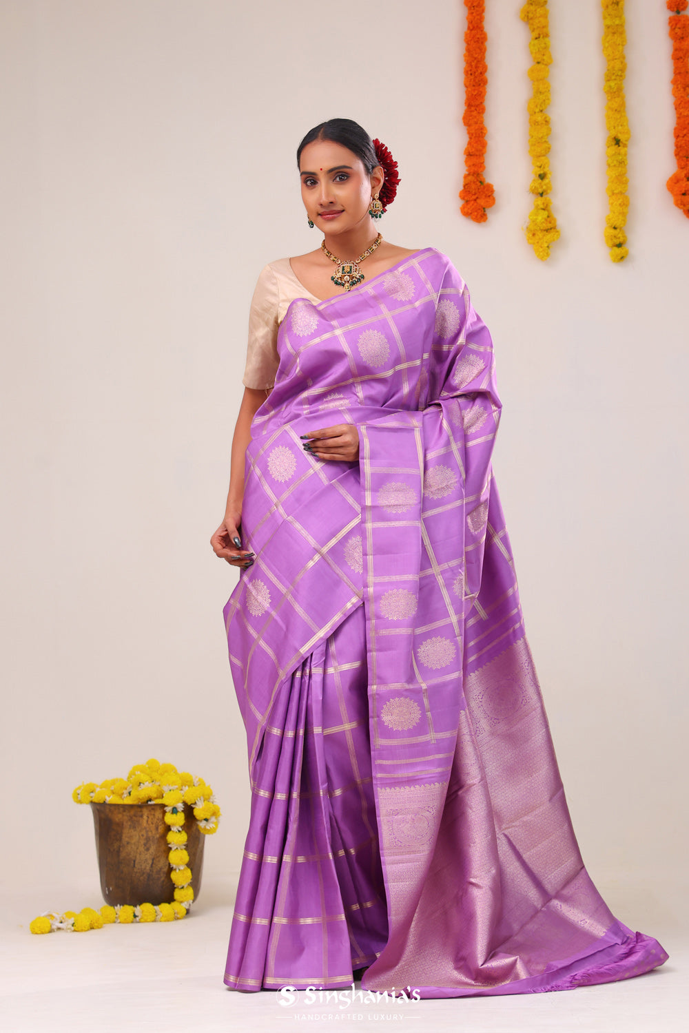 French Mauve Checks-Chkara Kanjivaram Silk Saree