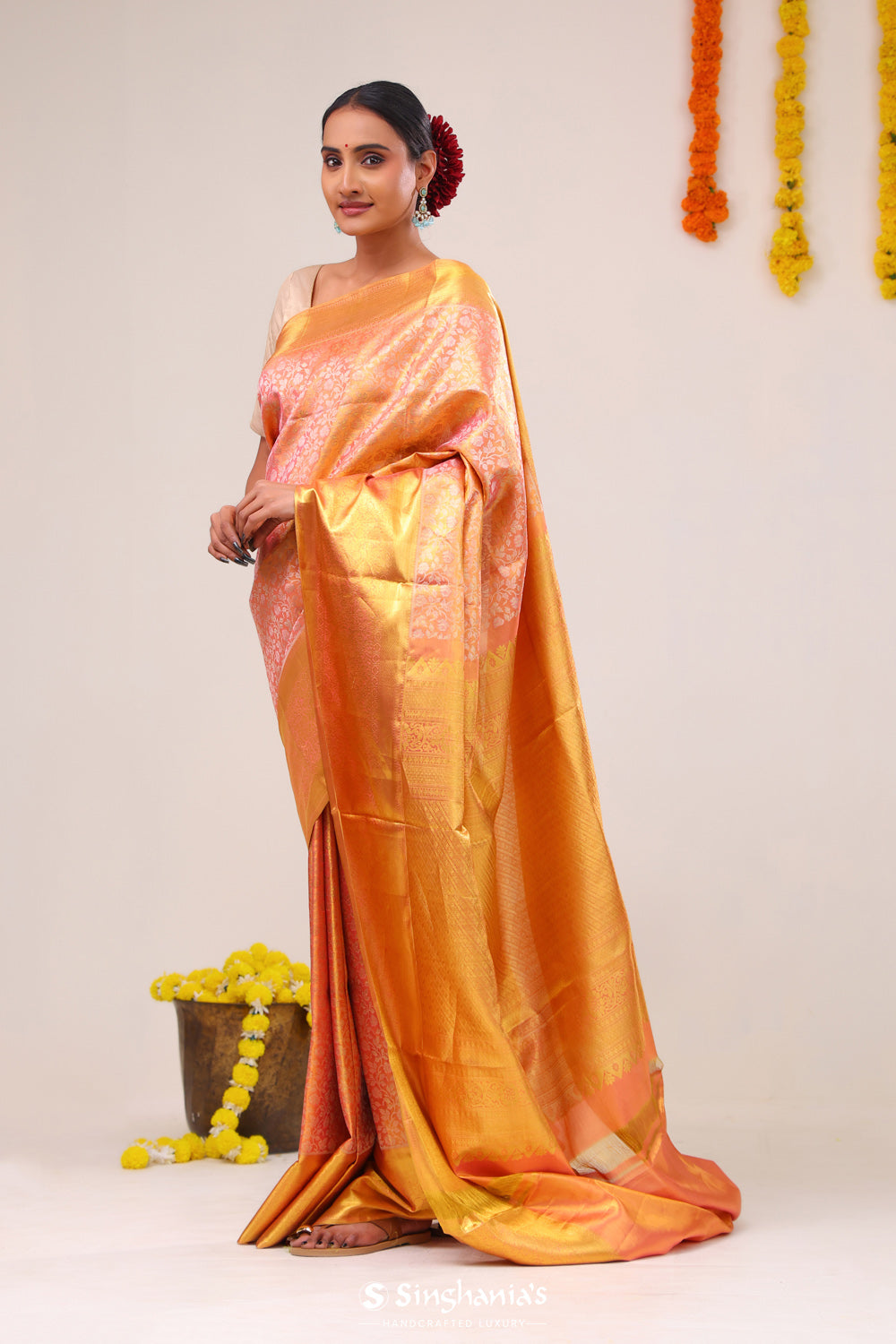 Light Salmon Jaal Kanjivaram Silk Saree