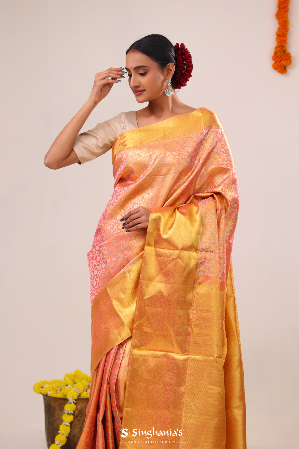 Light Salmon Jaal Kanjivaram Silk Saree