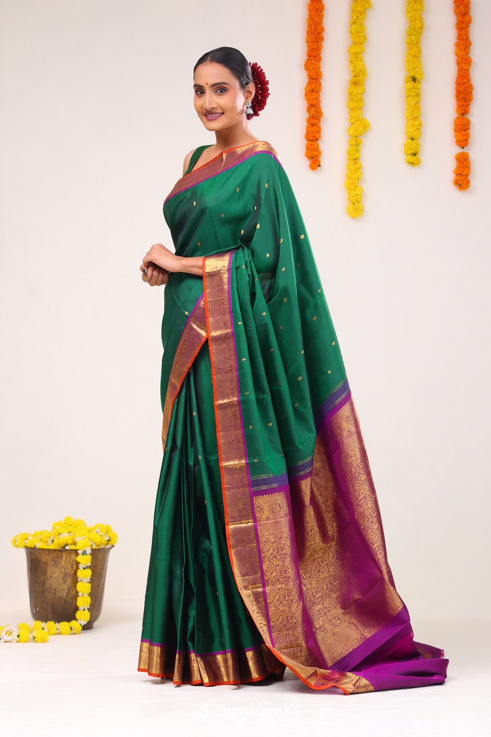 Bottle Green Heritage Kanjivaram Silk Saree