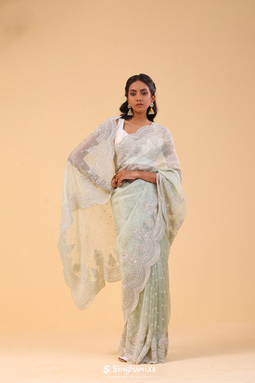 Seafoam Green Tissue Handcrafted Saree