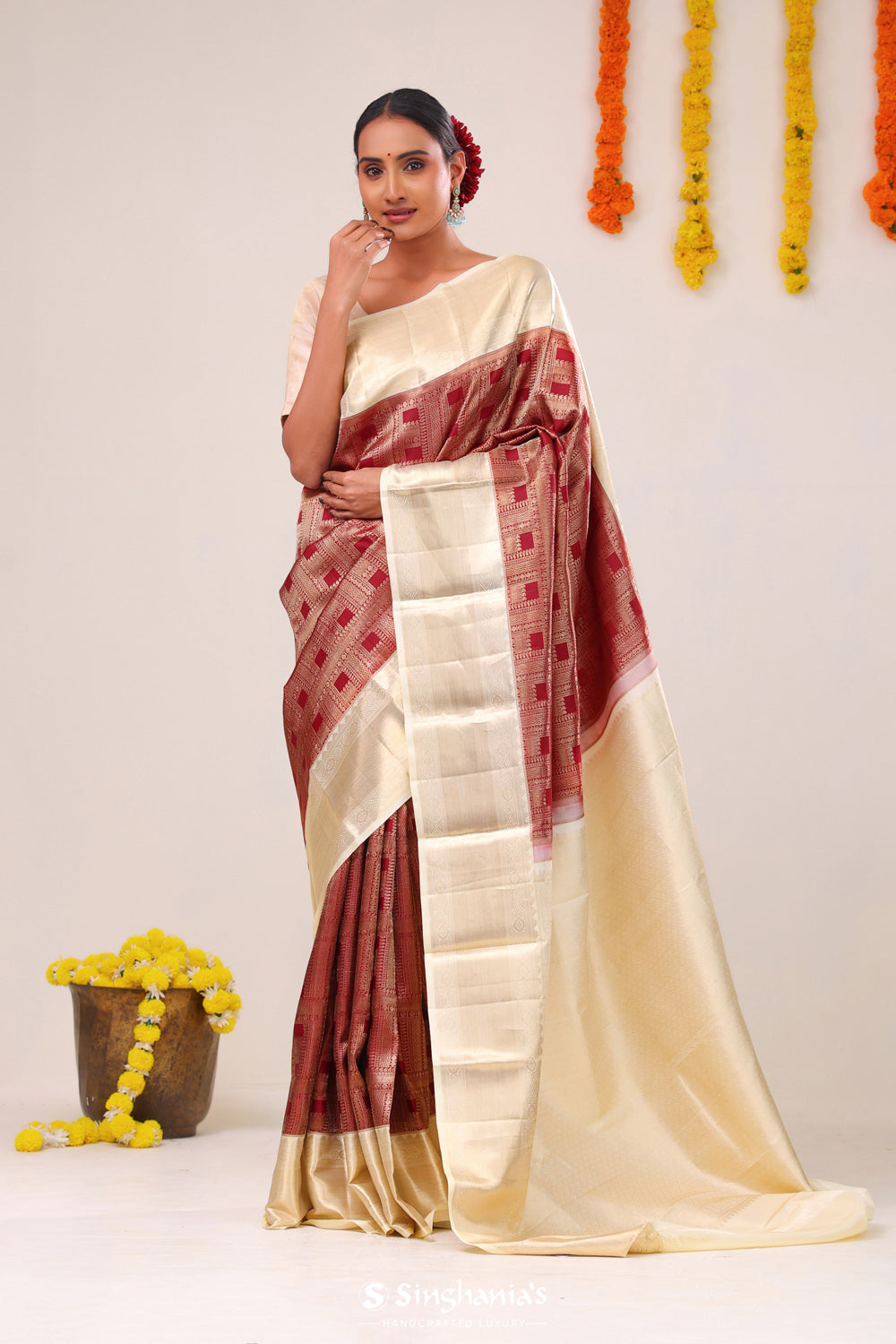 Crimson Maroon Traditional Kanjivaram Silk Saree