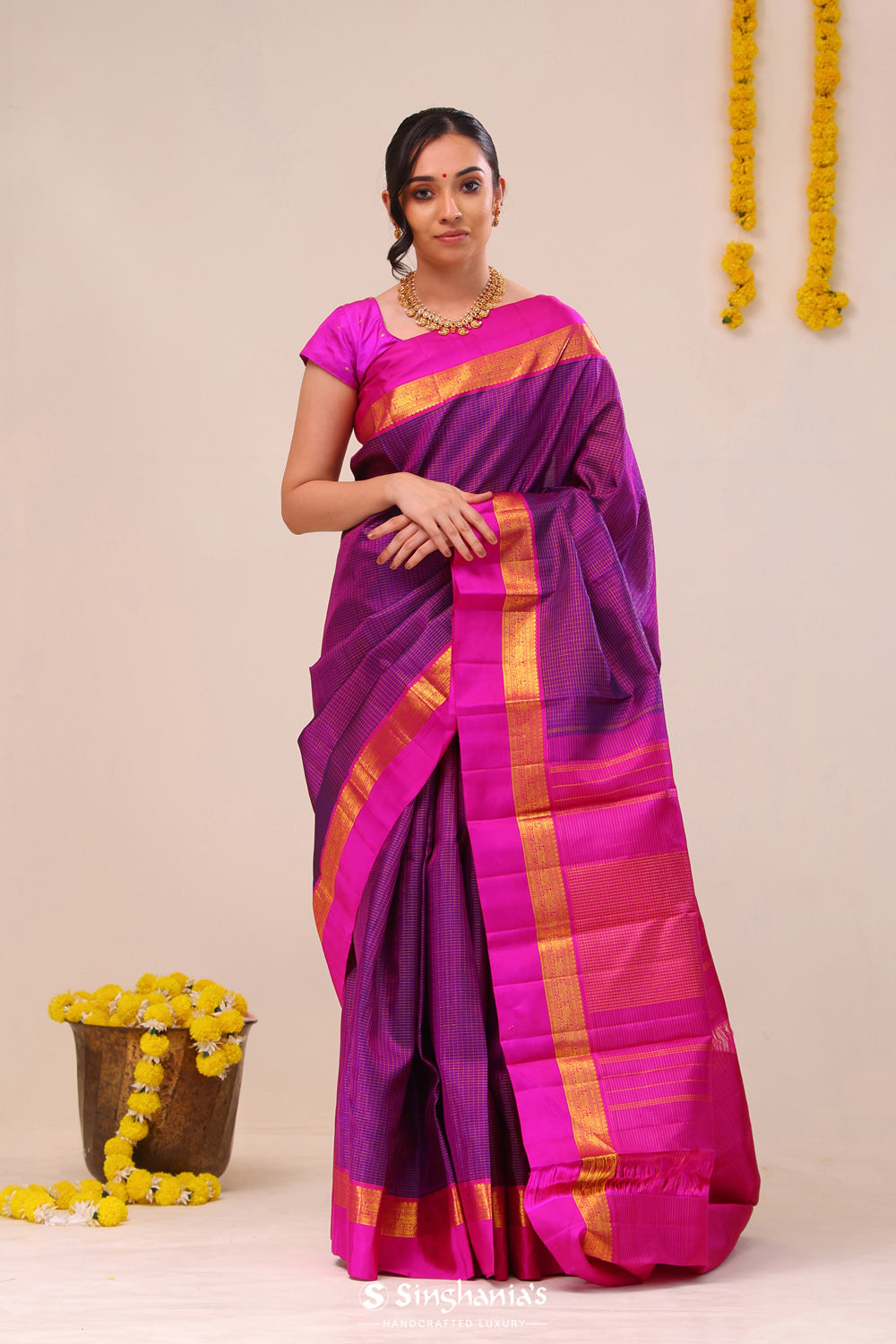 Eminence Purple Checks Kanjivaram Silk Saree