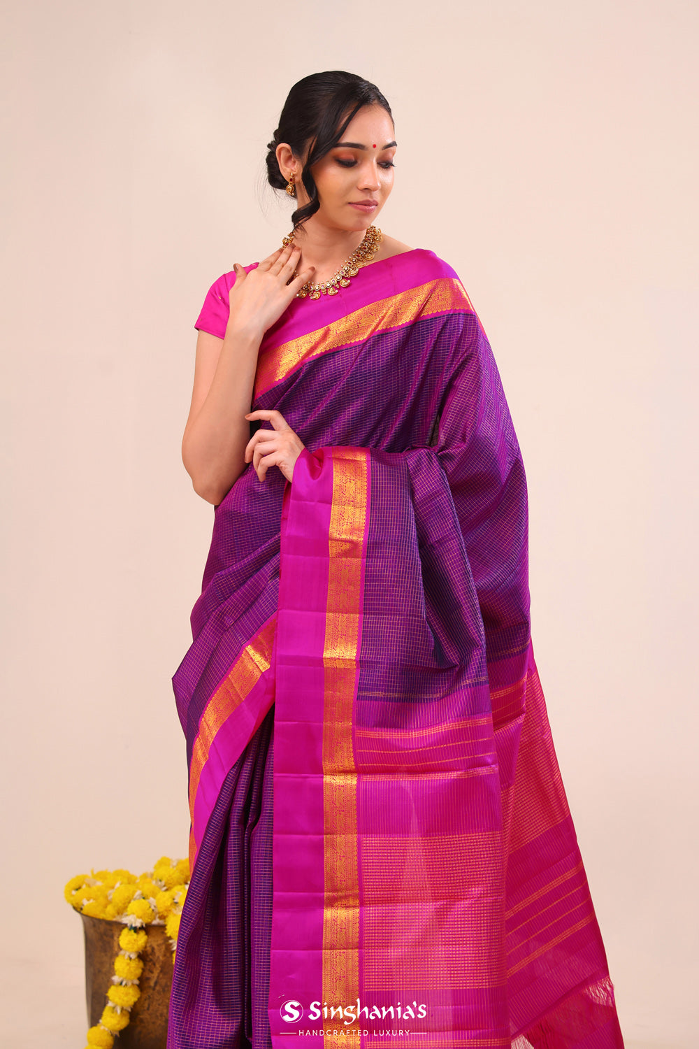 Eminence Purple Checks Kanjivaram Silk Saree