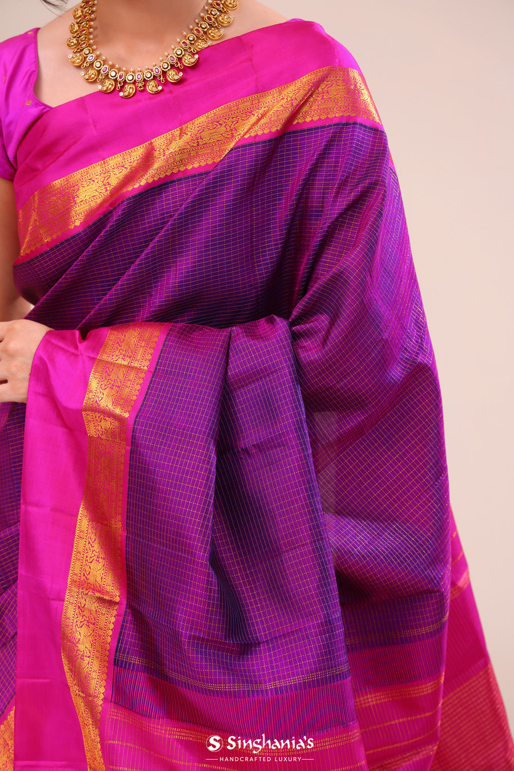 Eminence Purple Checks Kanjivaram Silk Saree