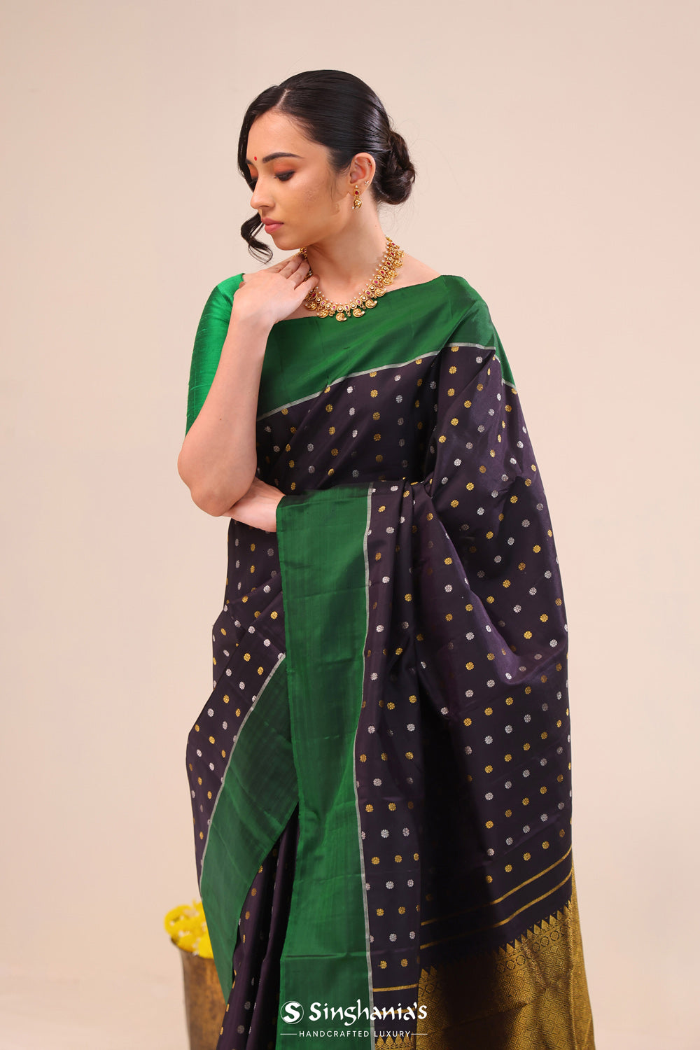 Night Black Butta Kanjivaram Silk Saree