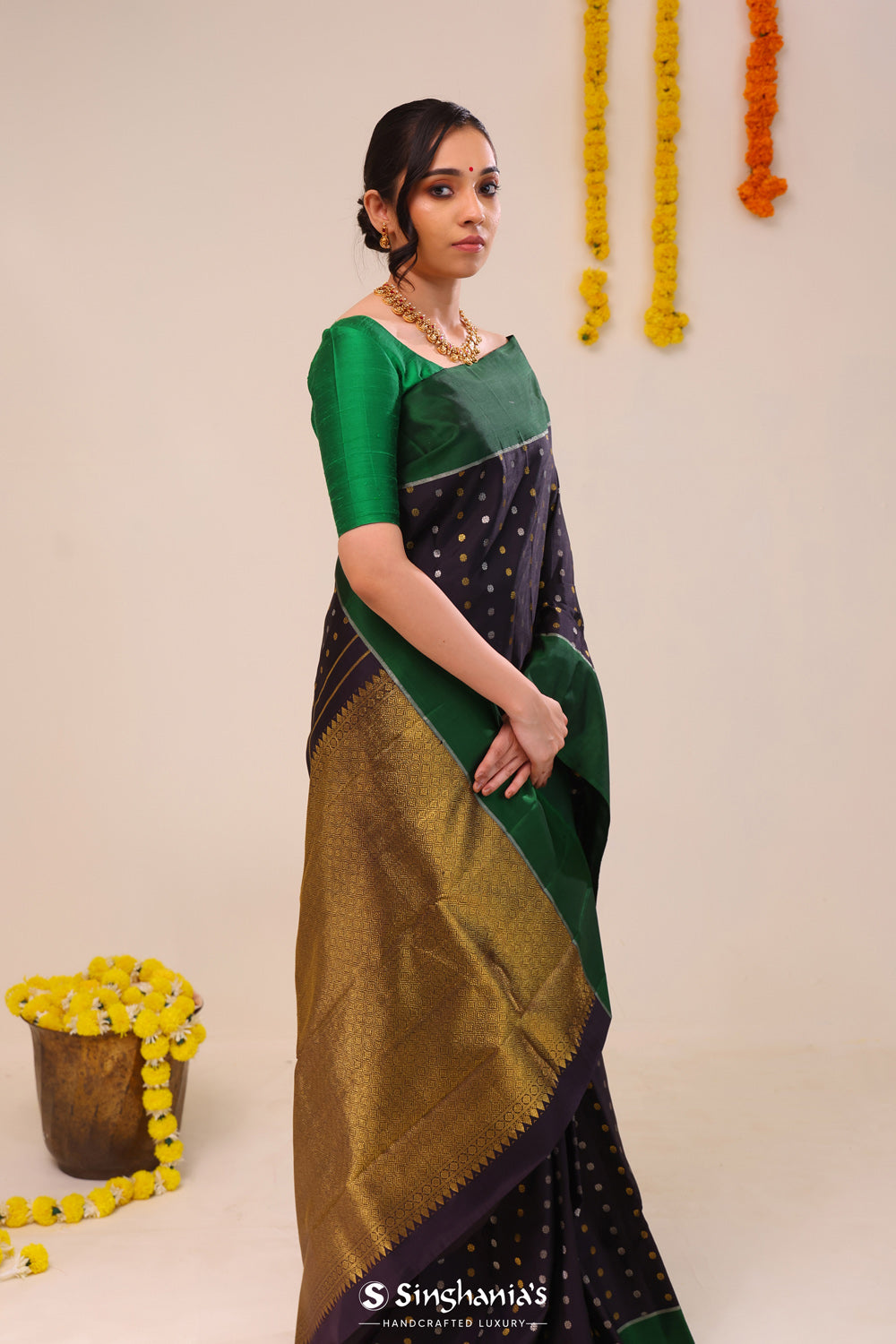 Night Black Butta Kanjivaram Silk Saree