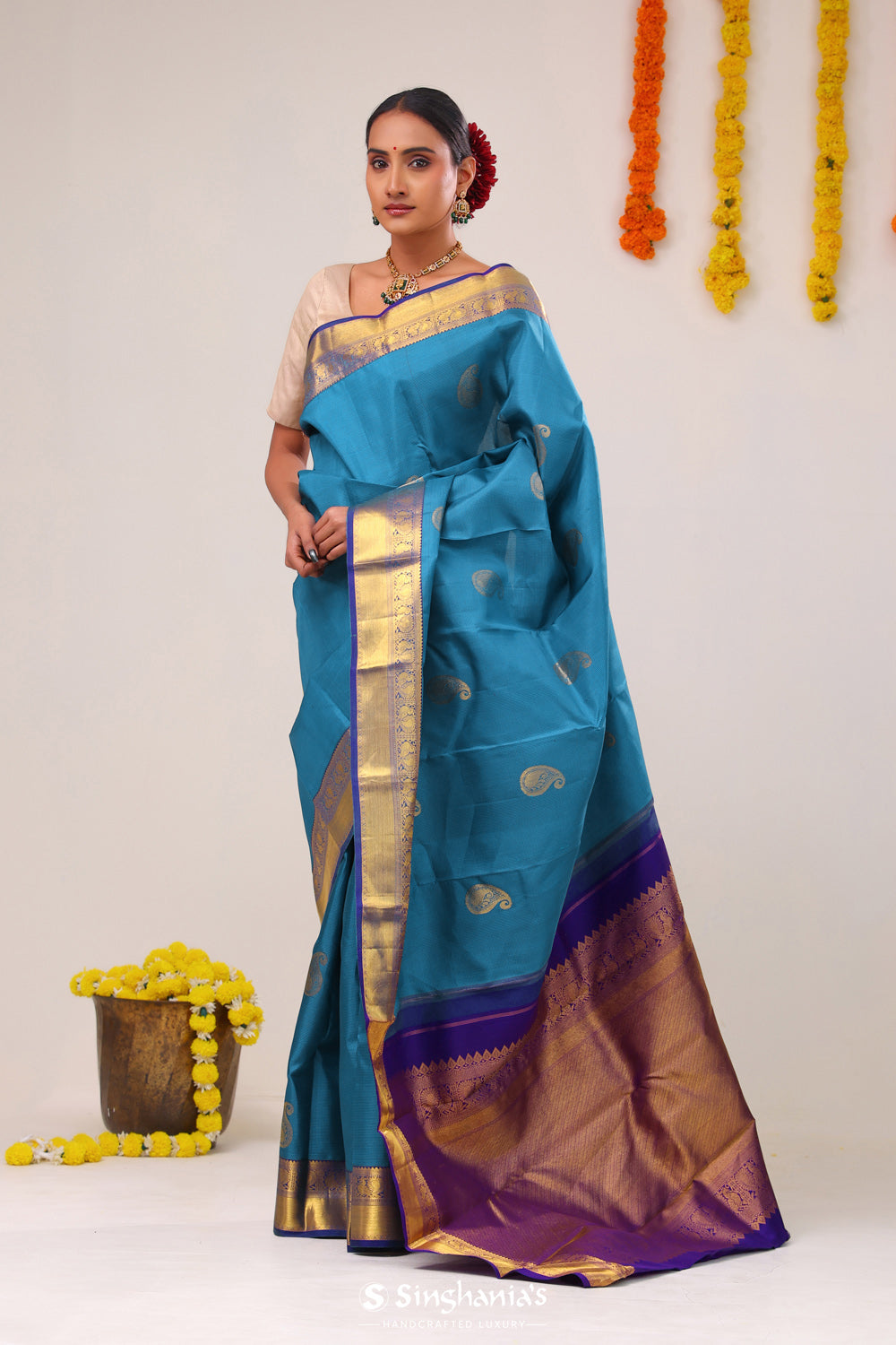 Blue Sapphire Paisley Kanjivaram Silk Saree