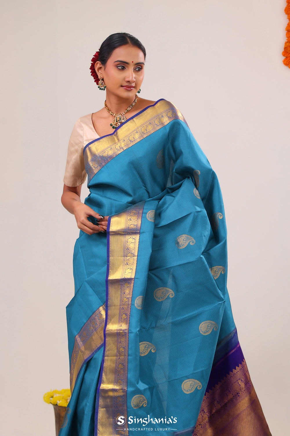 Blue Sapphire Paisley Kanjivaram Silk Saree