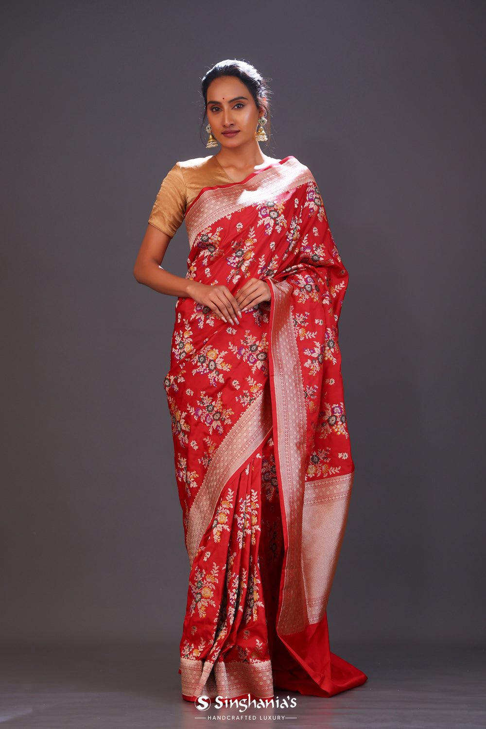 Bright Red Floral Banarasi Silk Saree