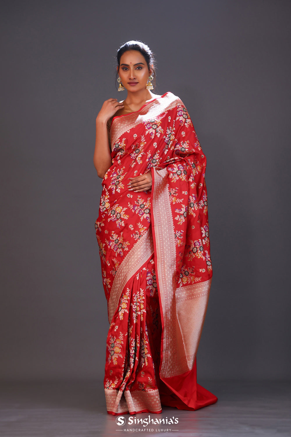 Bright Red Floral Banarasi Silk Saree