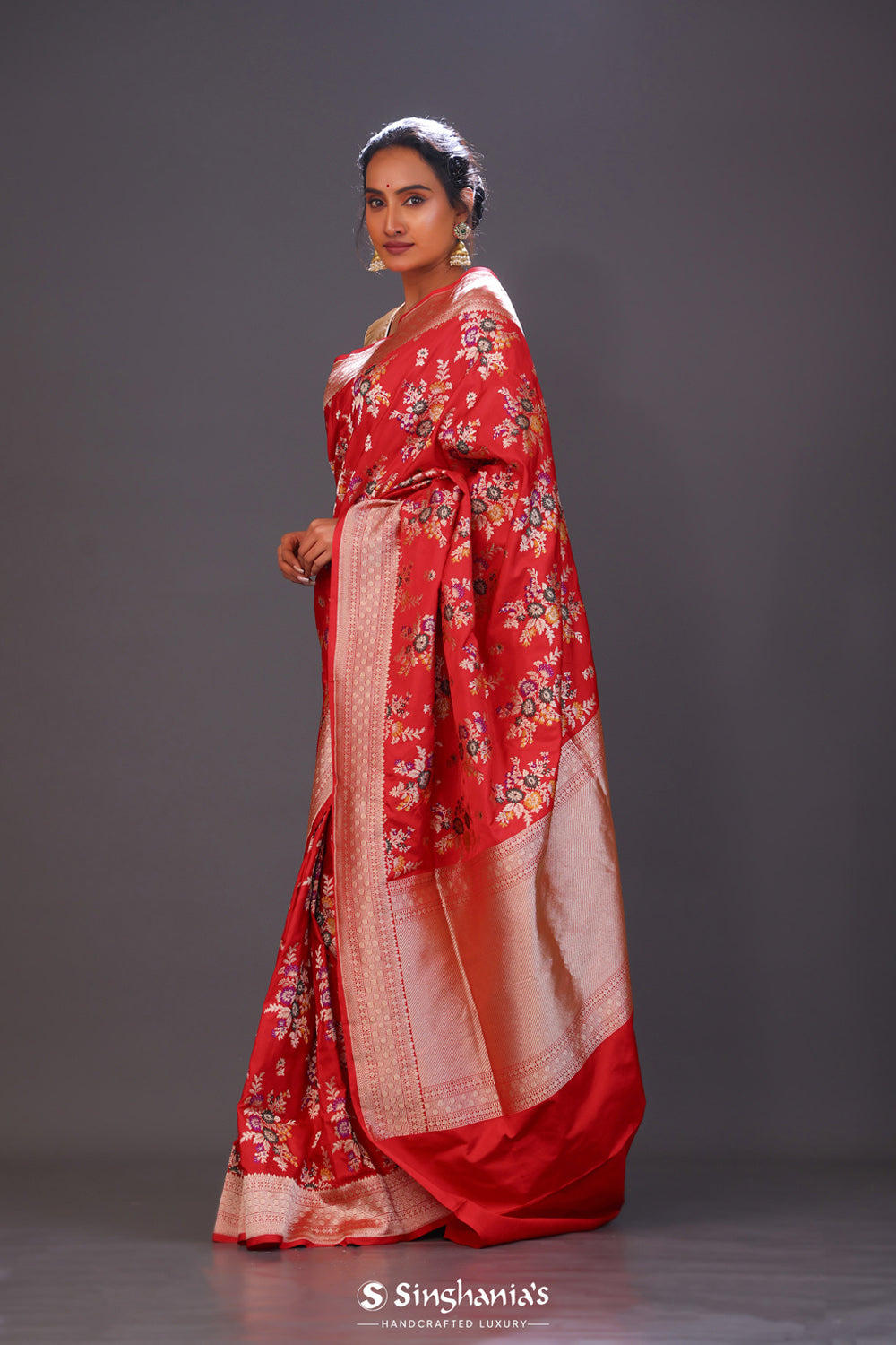 Bright Red Floral Banarasi Silk Saree