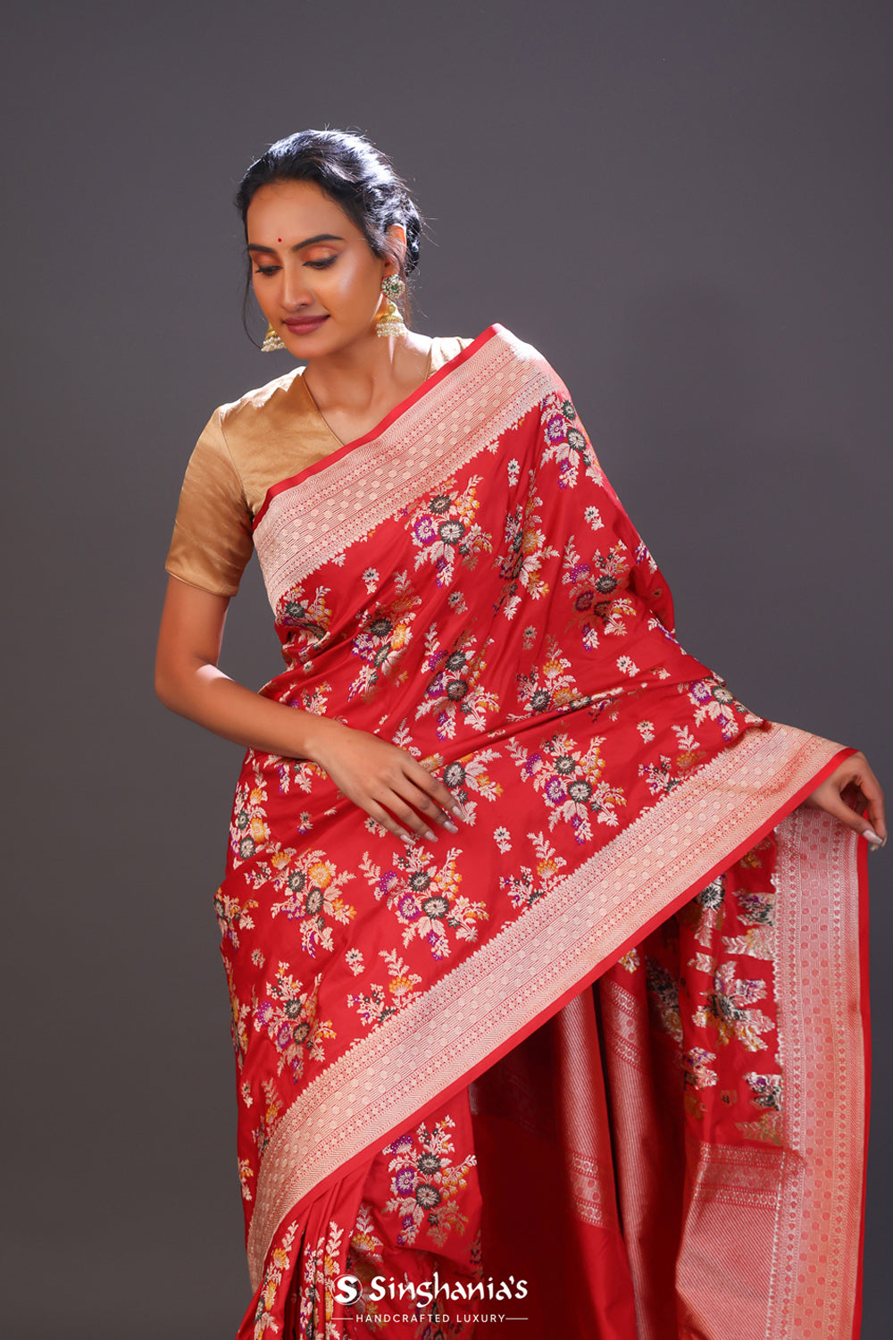 Bright Red Floral Banarasi Silk Saree