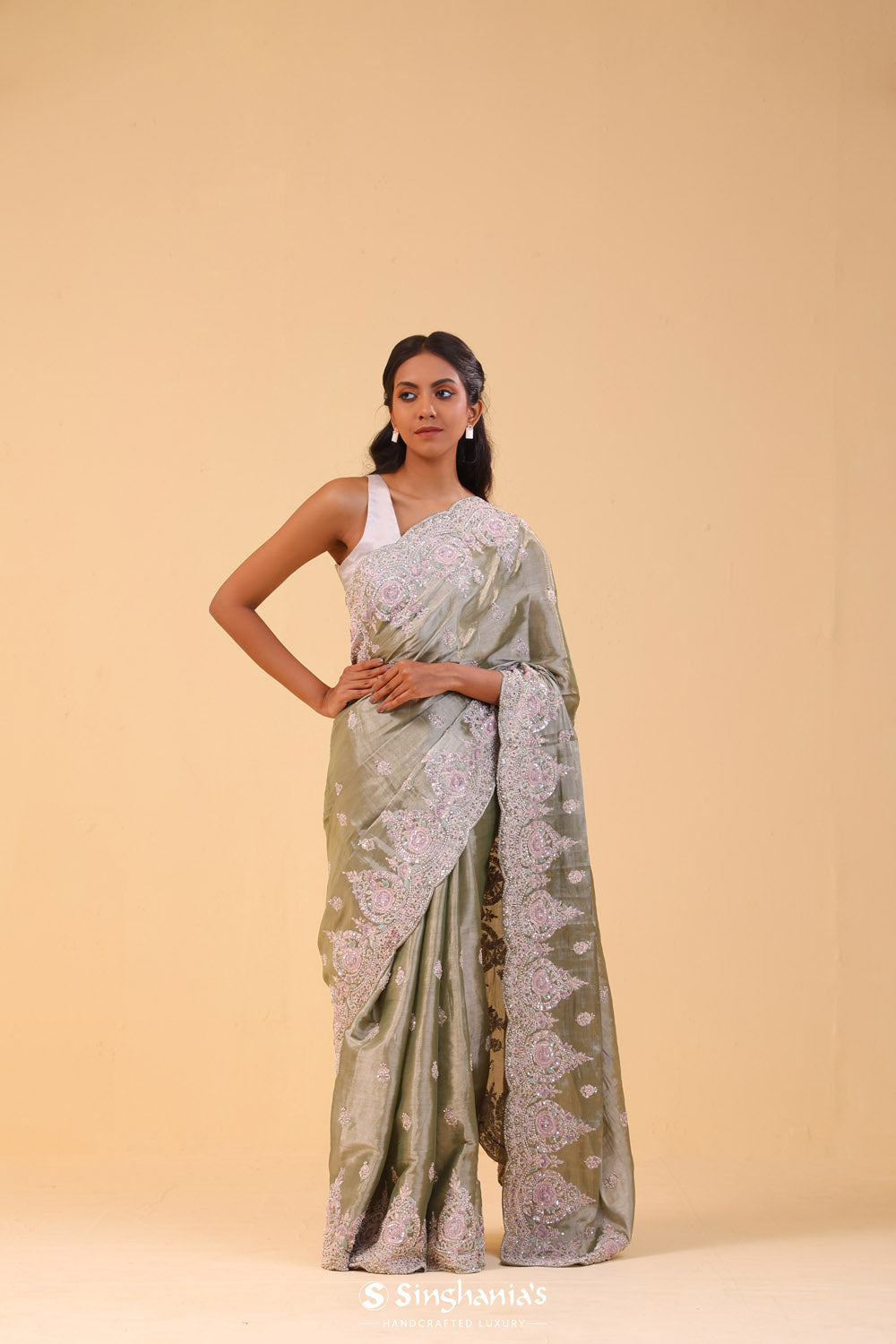 Celadon Gold Tissue Handcrafted Saree