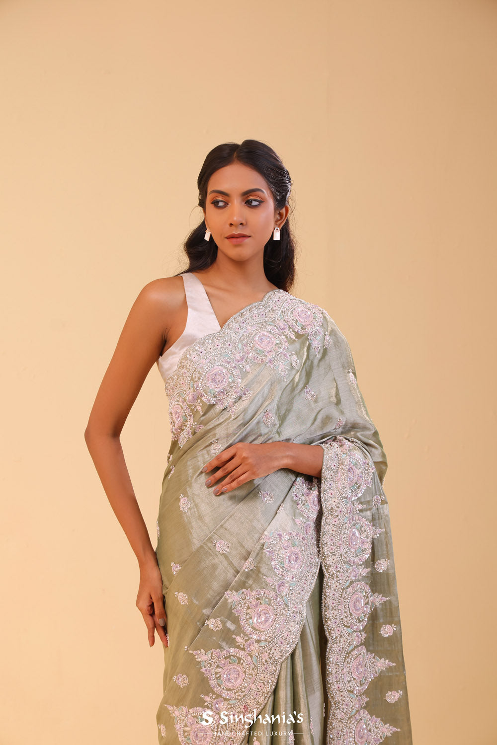 Celadon Gold Tissue Handcrafted Saree