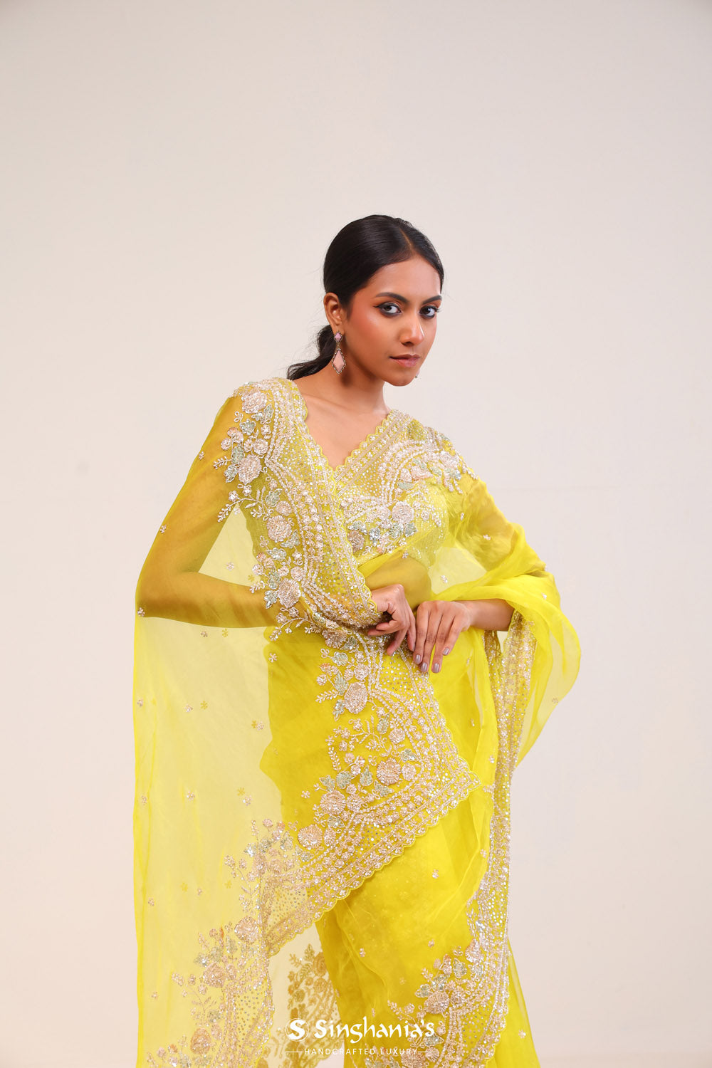 Yellow Rose Organza Handcrafted Saree