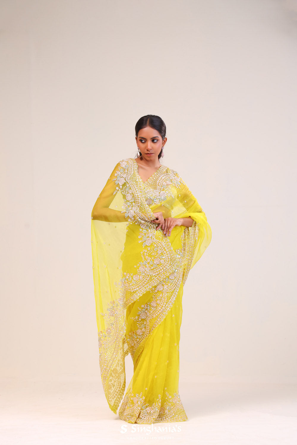 Yellow Rose Organza Handcrafted Saree