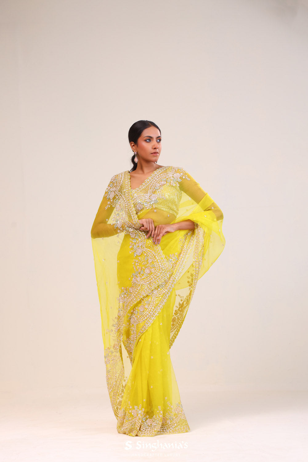 Yellow Rose Organza Handcrafted Saree