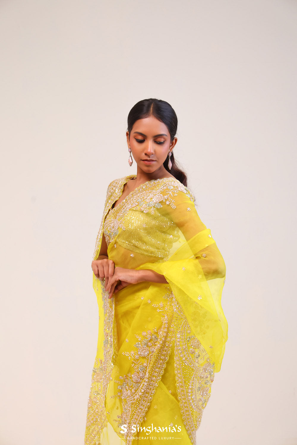 Yellow Rose Organza Handcrafted Saree