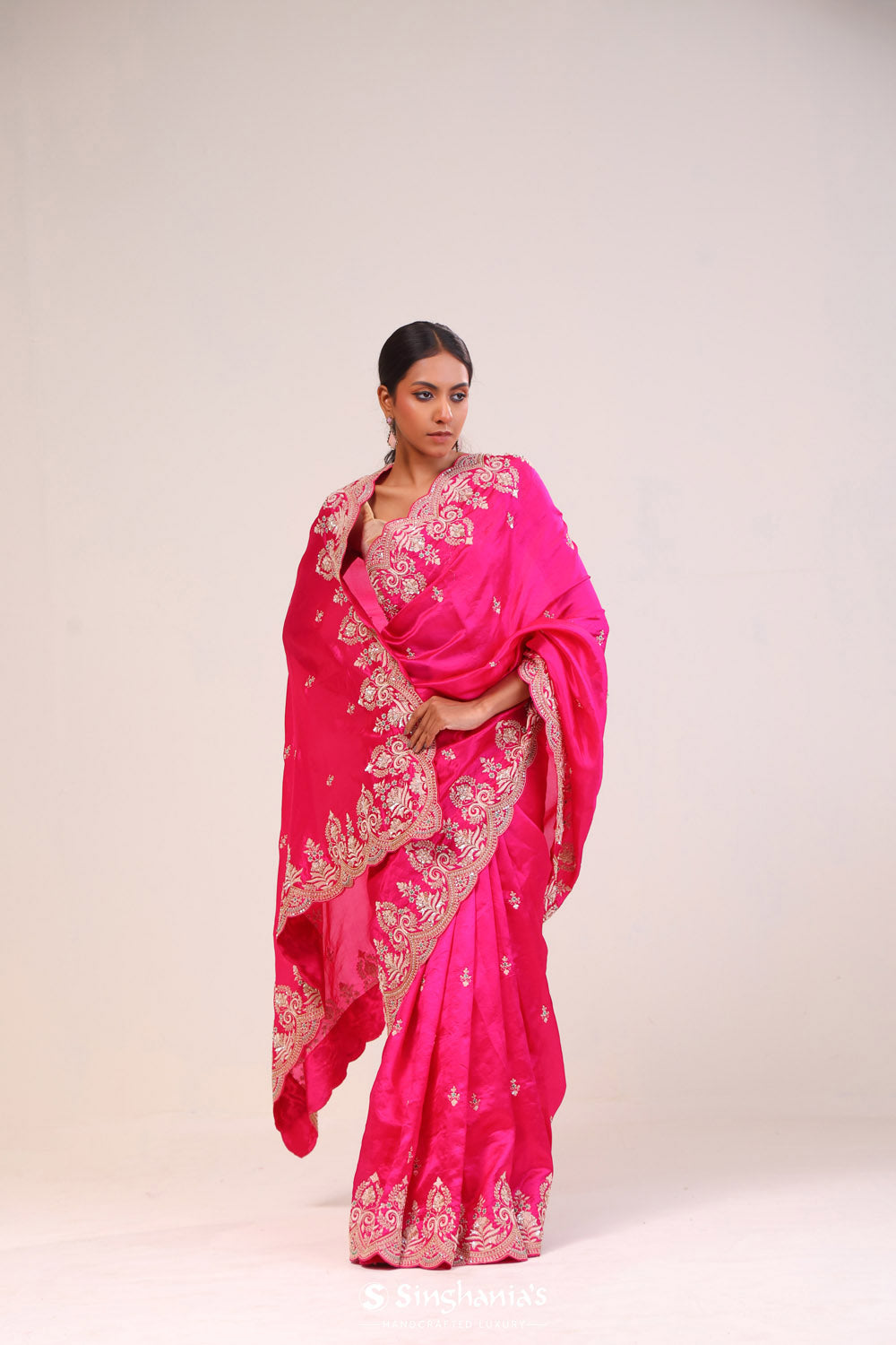 Deep Pink Silk Handcrafted Saree