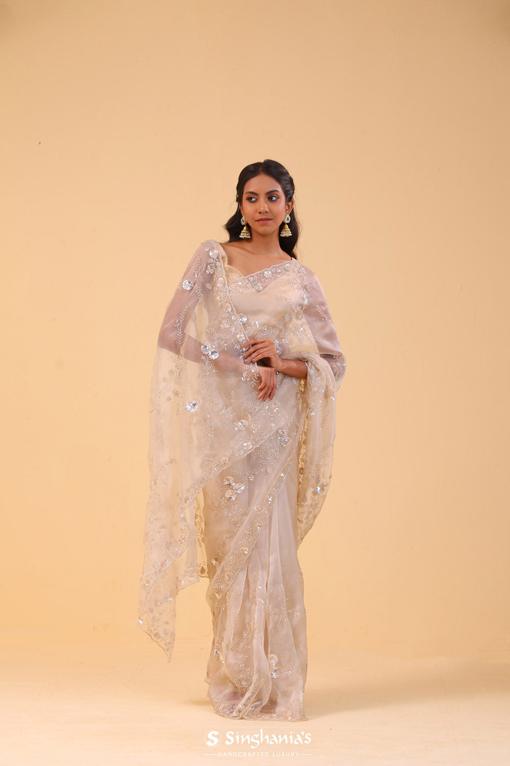 Vivid White Tissue Handcrafted Saree