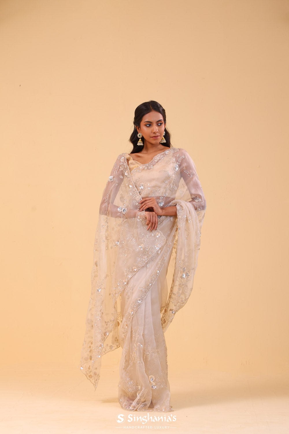 Vivid White Tissue Handcrafted Saree