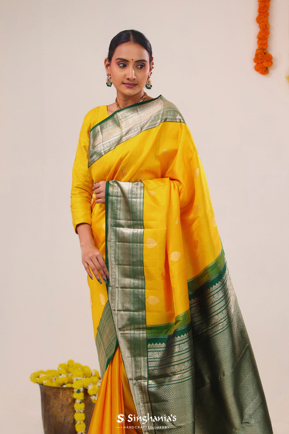 Saffron Yellow Butta Kanjivaram Silk Saree