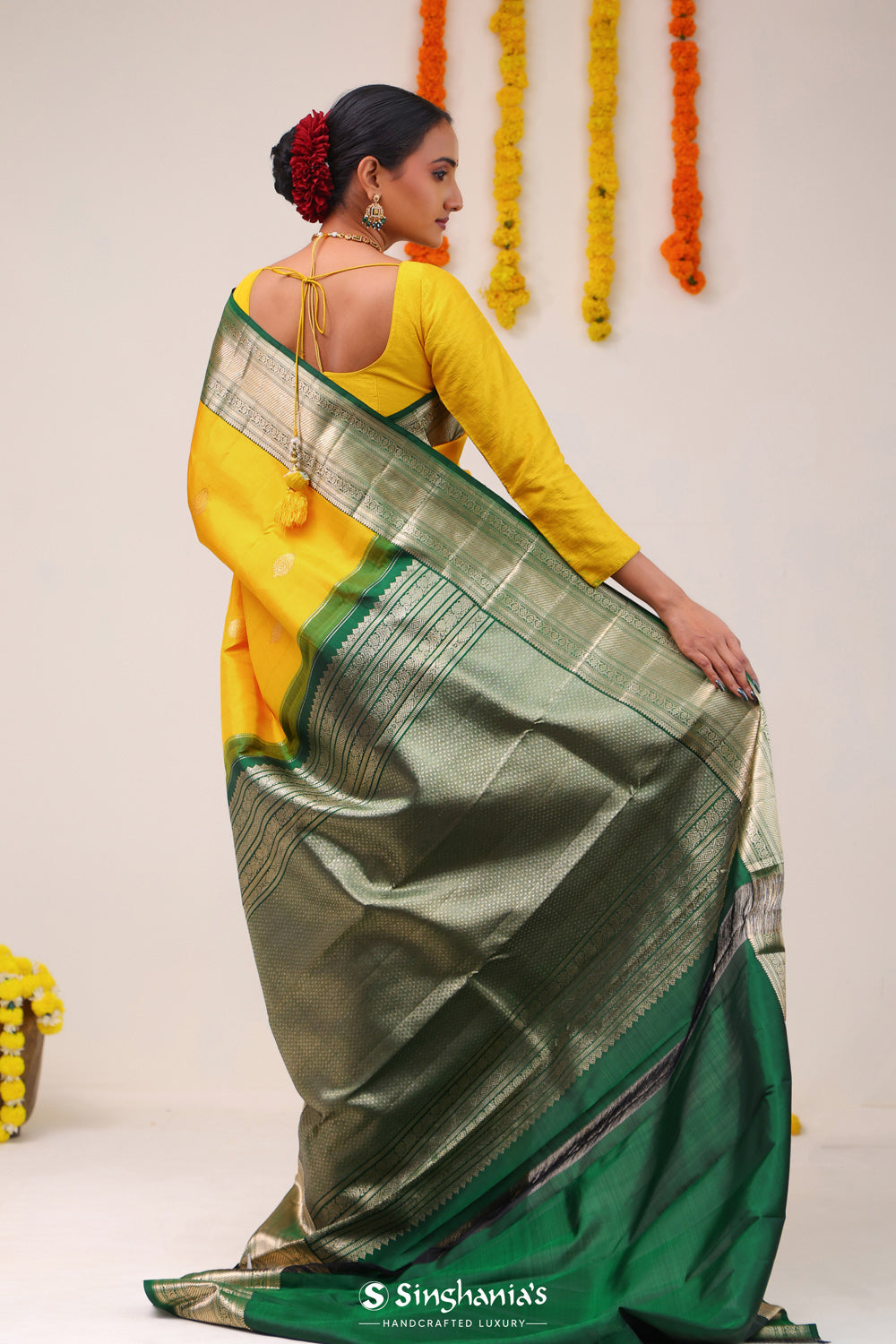 Saffron Yellow Butta Kanjivaram Silk Saree