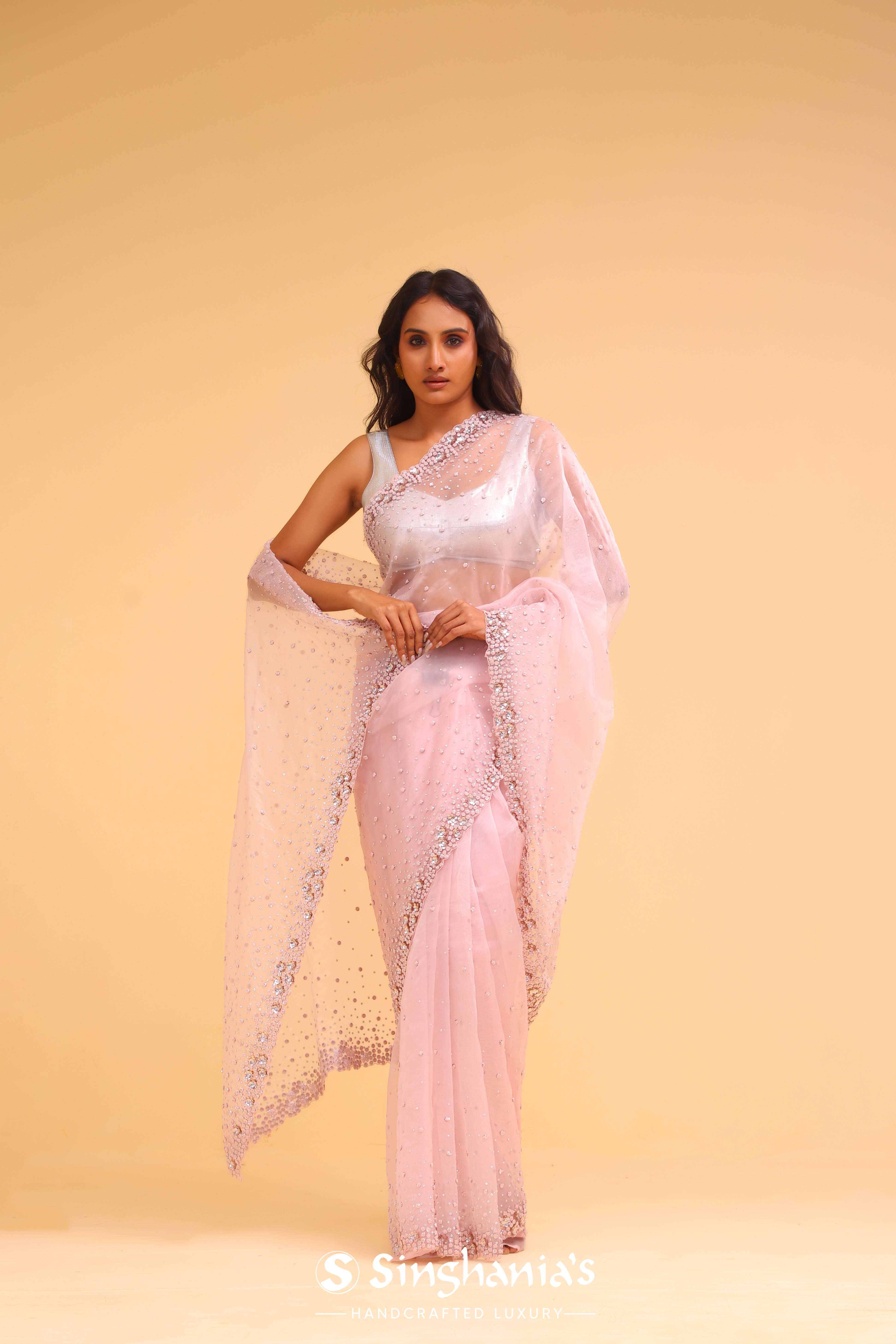 Pastel Pink Organza Handcrafted Saree