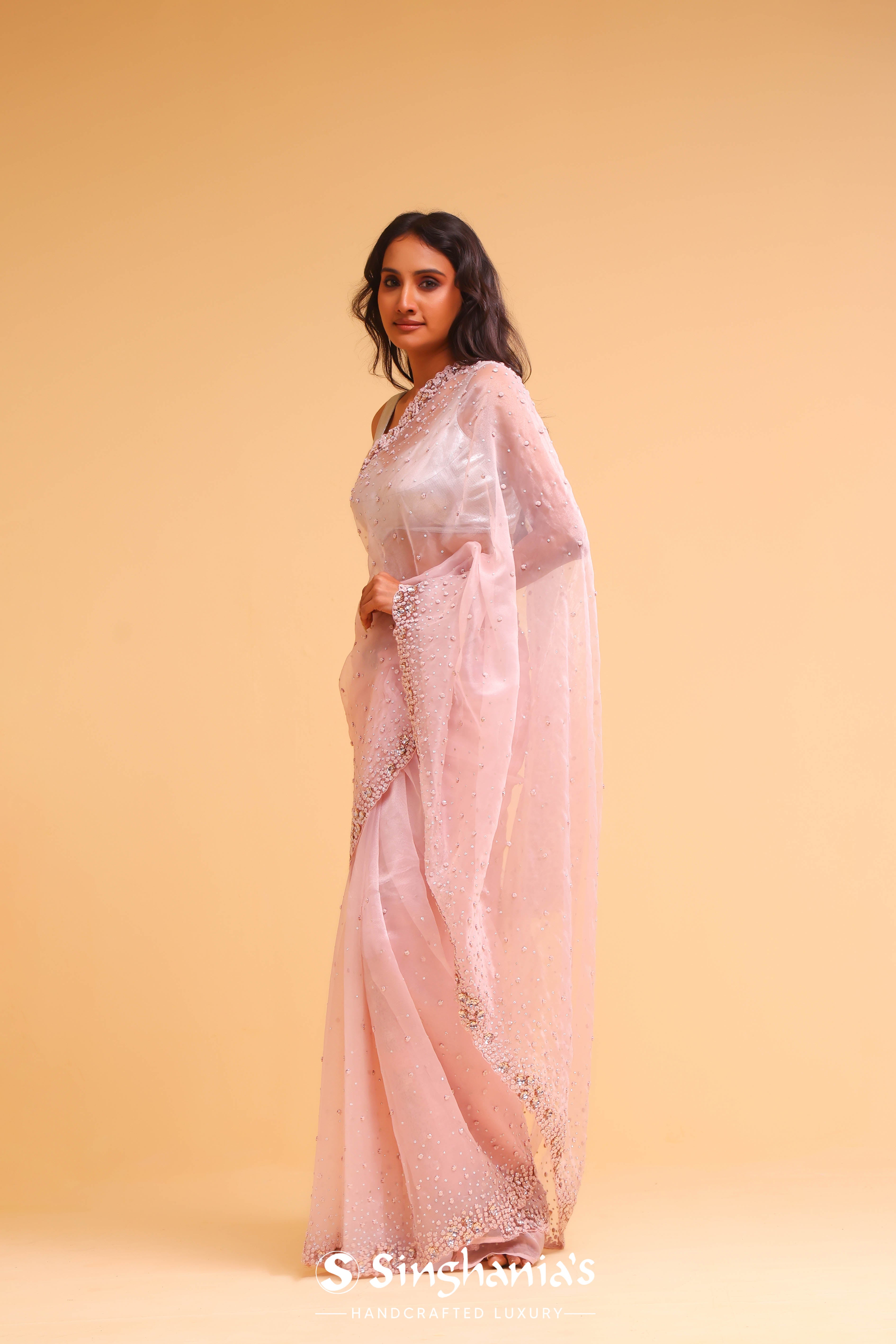 Pastel Pink Organza Handcrafted Saree