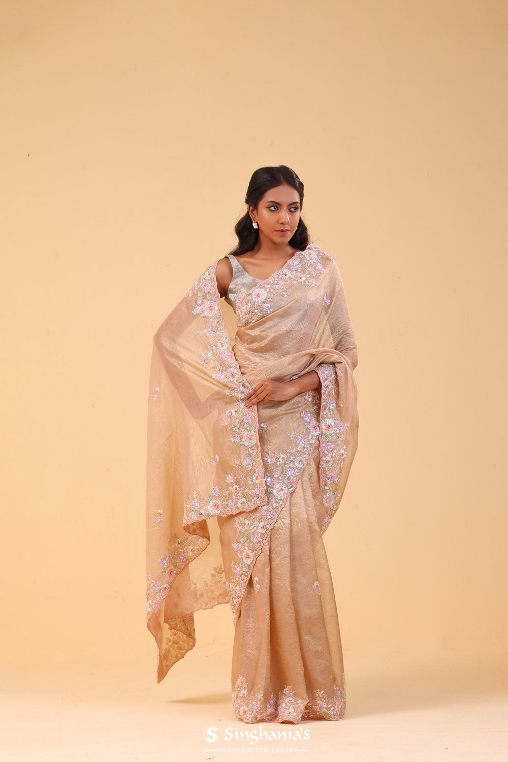 Pale Pink Crushed Tissue Handcrafted Saree