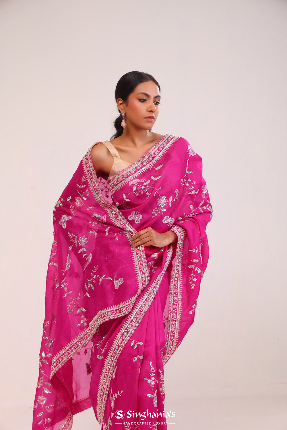 Rani Pink Organza Handcrafted Saree