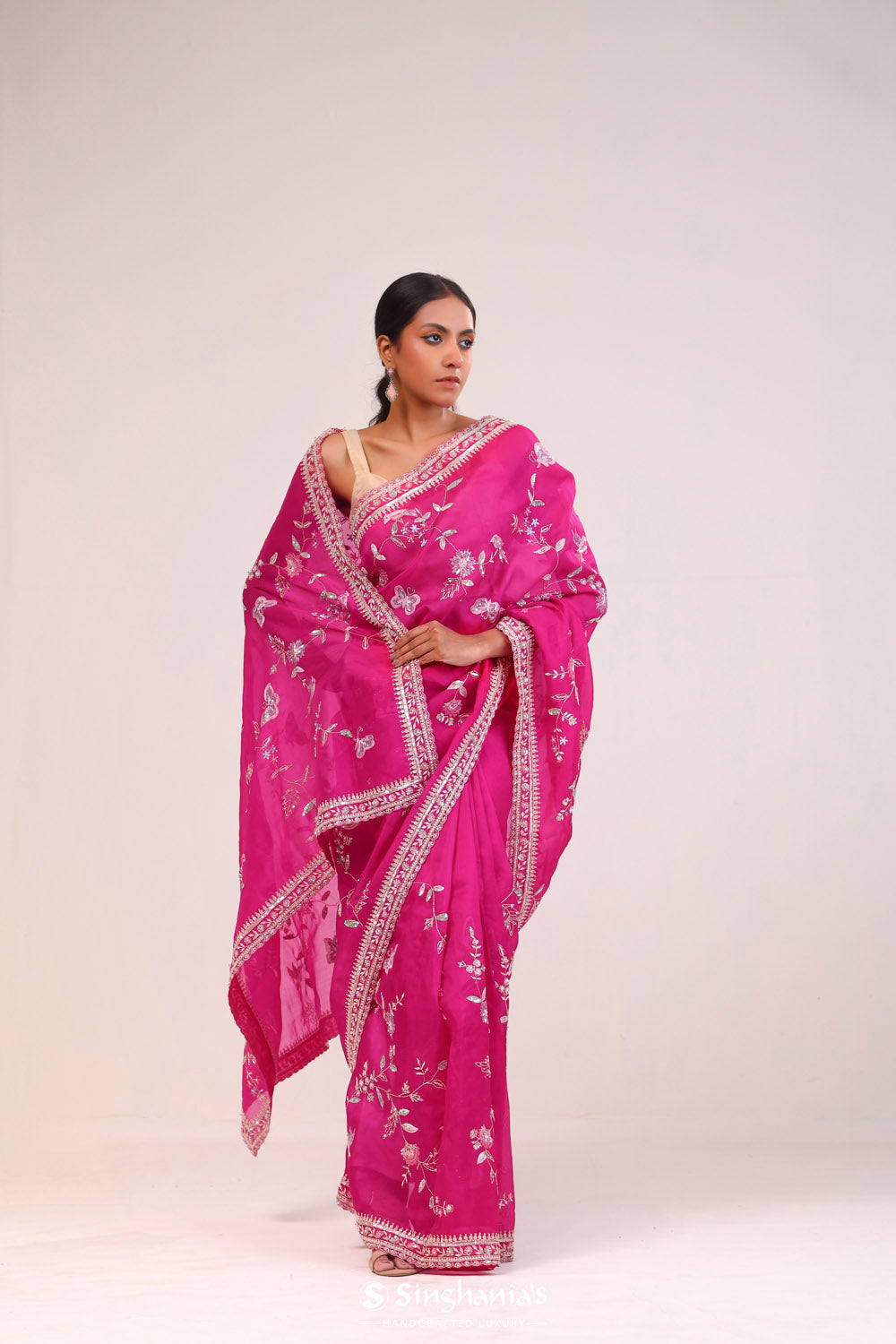 Rani Pink Organza Handcrafted Saree