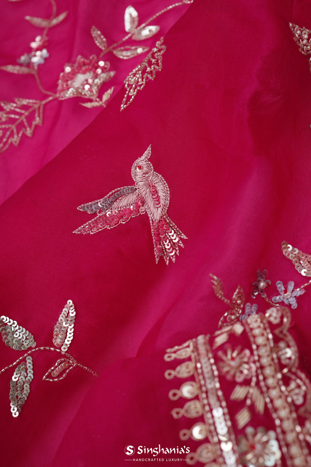 Rani Pink Organza Handcrafted Saree