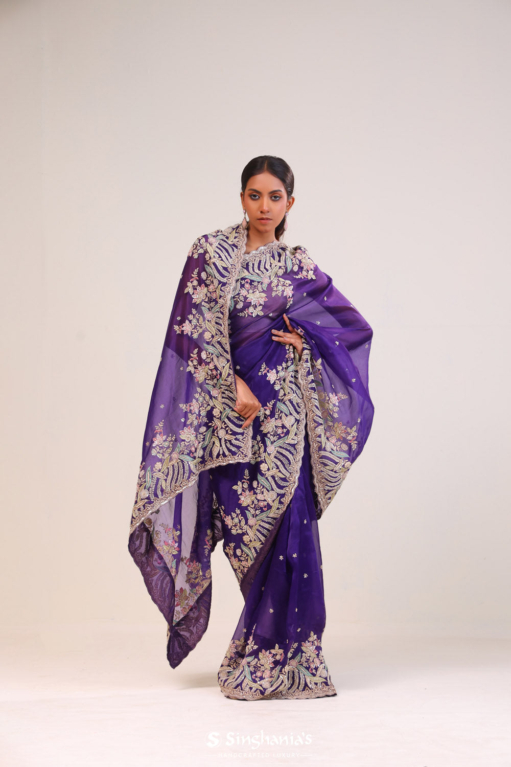 Picotee Blue Organza Handcrafted Saree