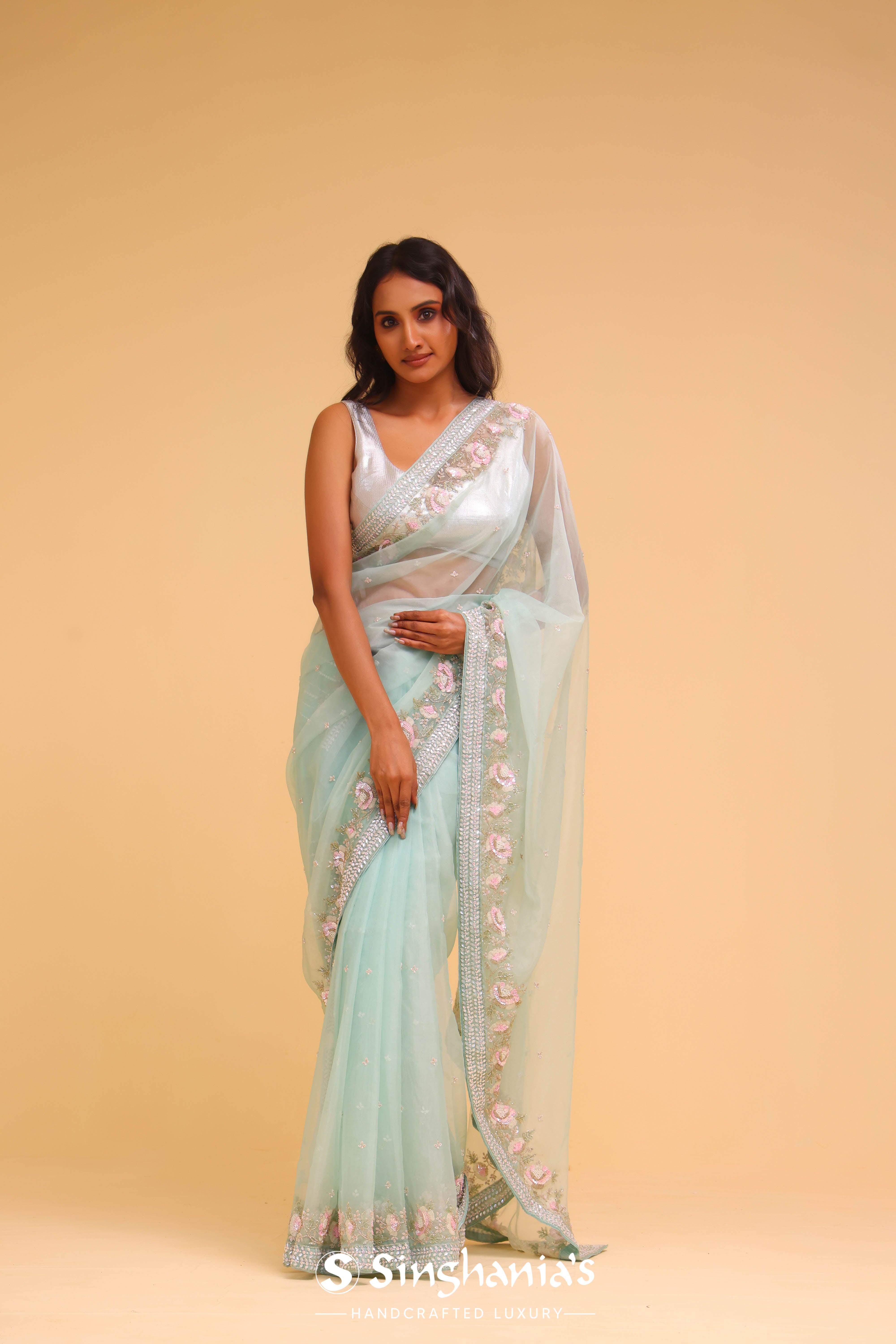 Middle Blue Green Organza Handcrafted Saree