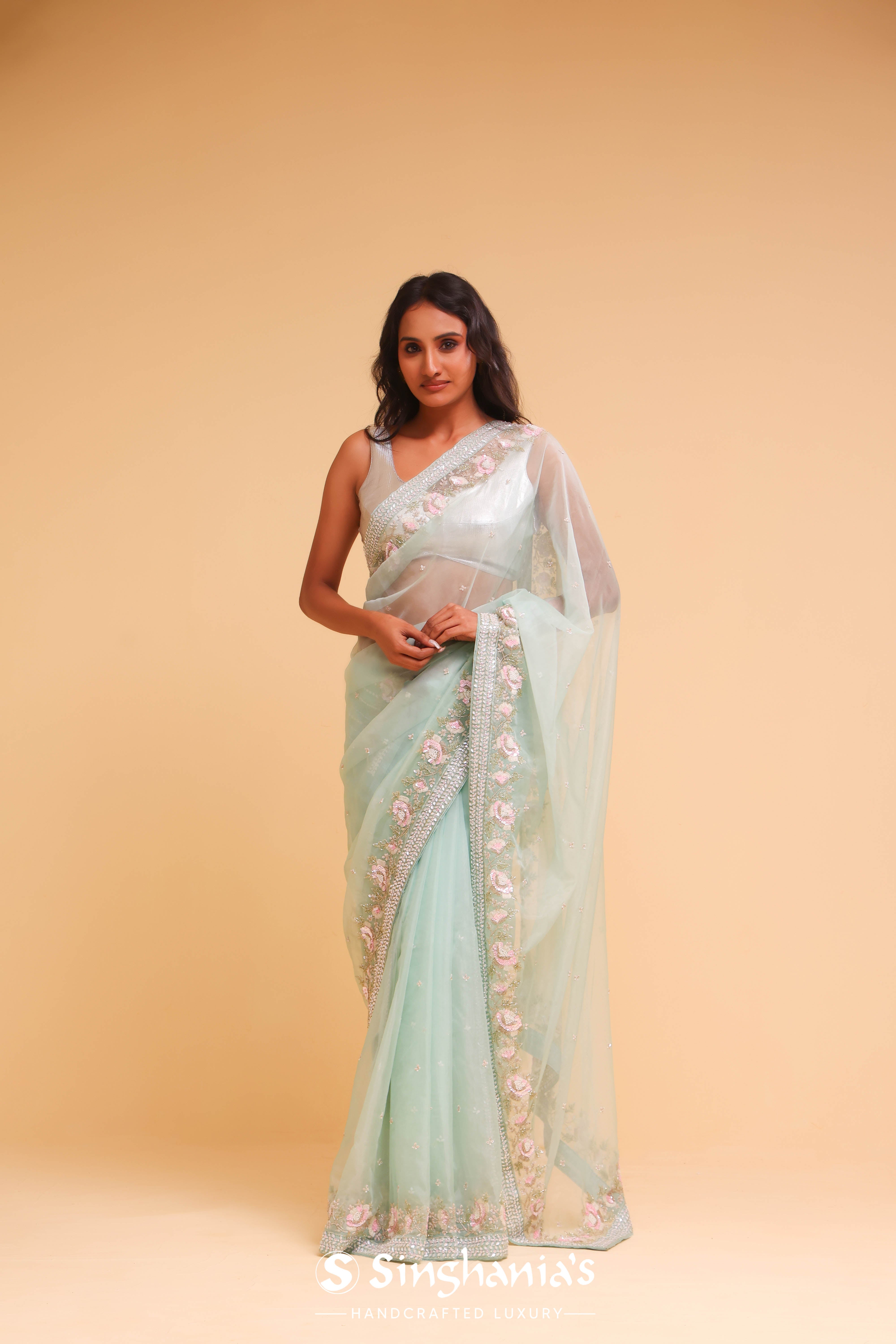 Middle Blue Green Organza Handcrafted Saree