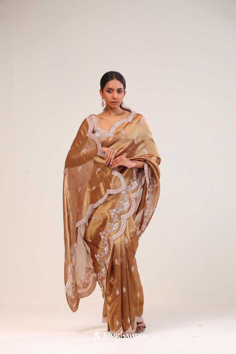 Golden Brown Handcrafted Tissue Saree