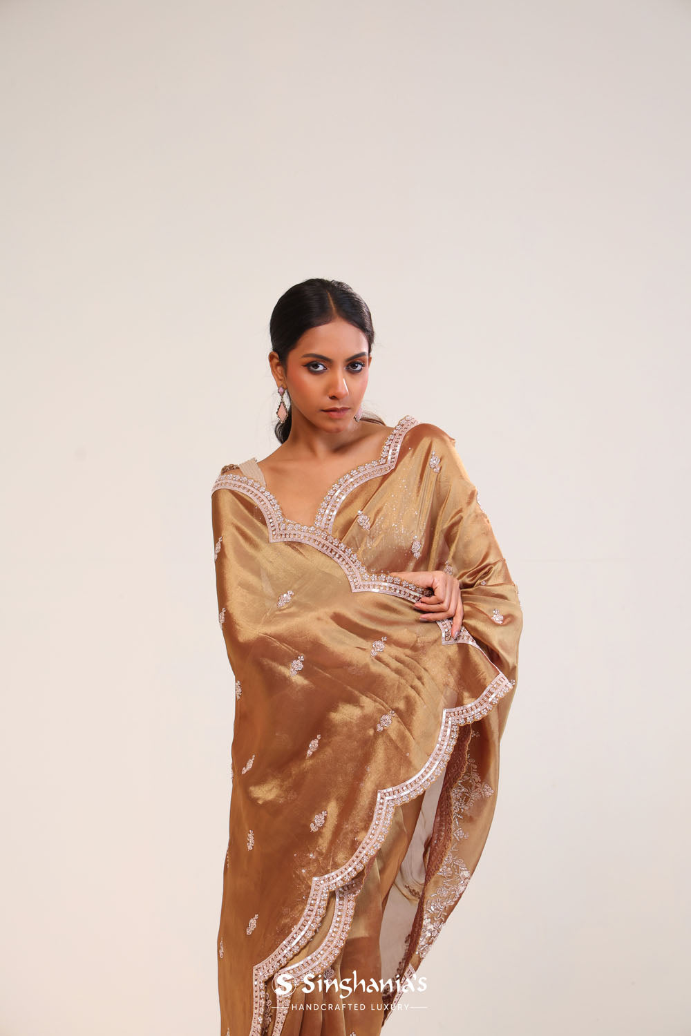 Golden Brown Handcrafted Tissue Saree