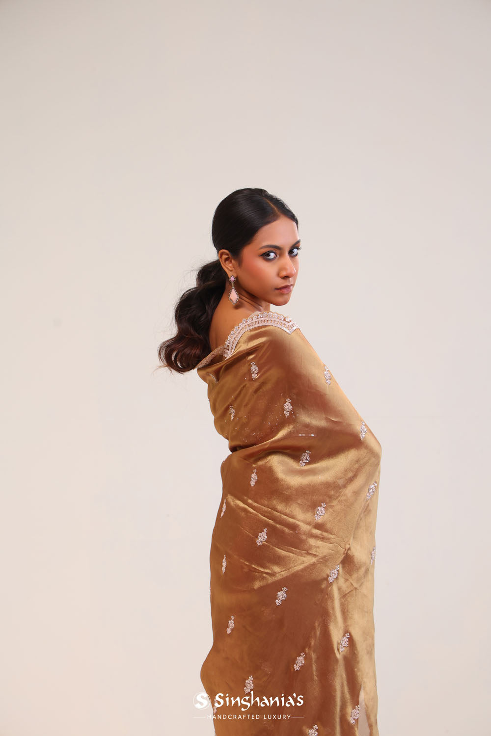 Golden Brown Handcrafted Tissue Saree