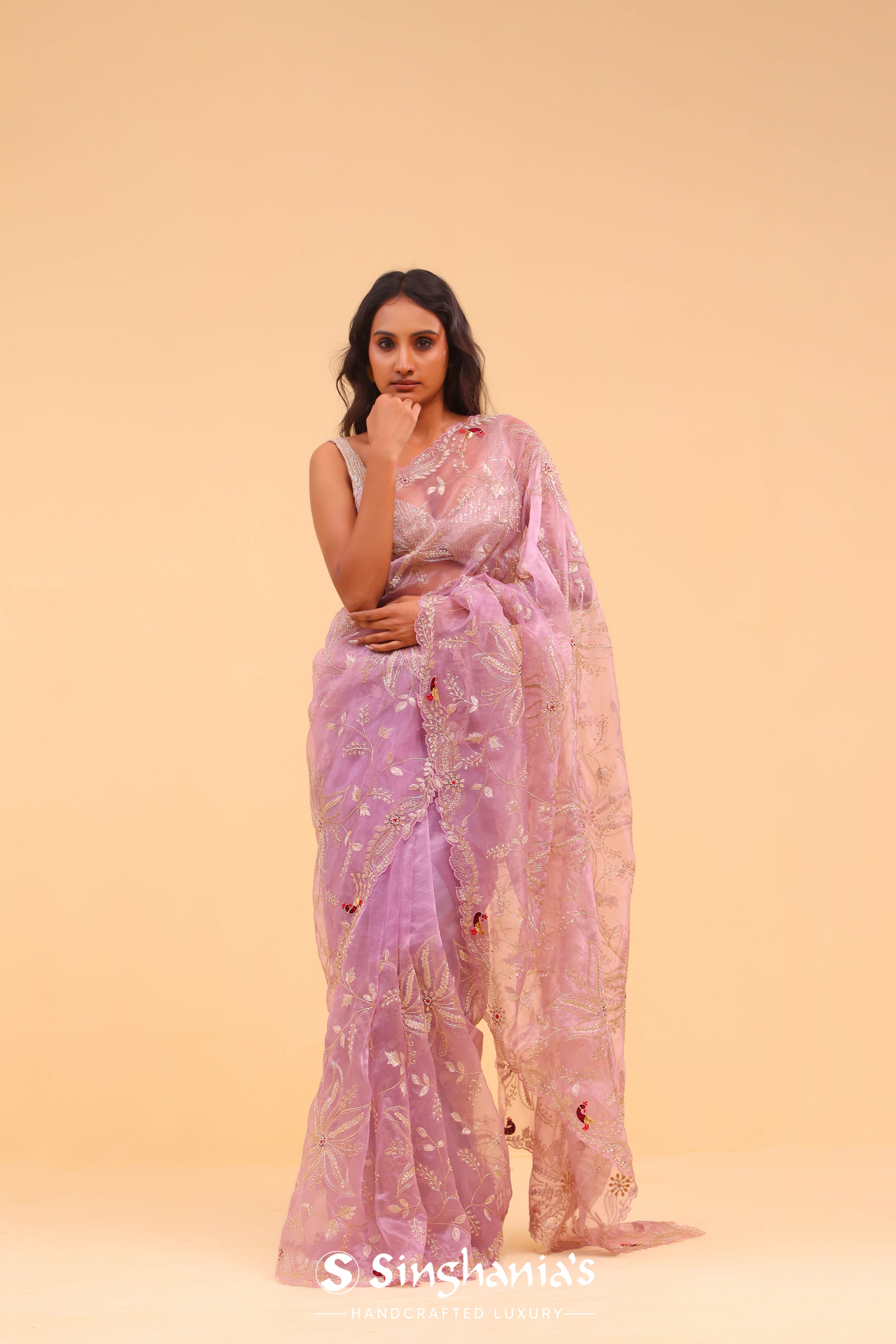 Orchid Purple Organza Handcrafted Saree