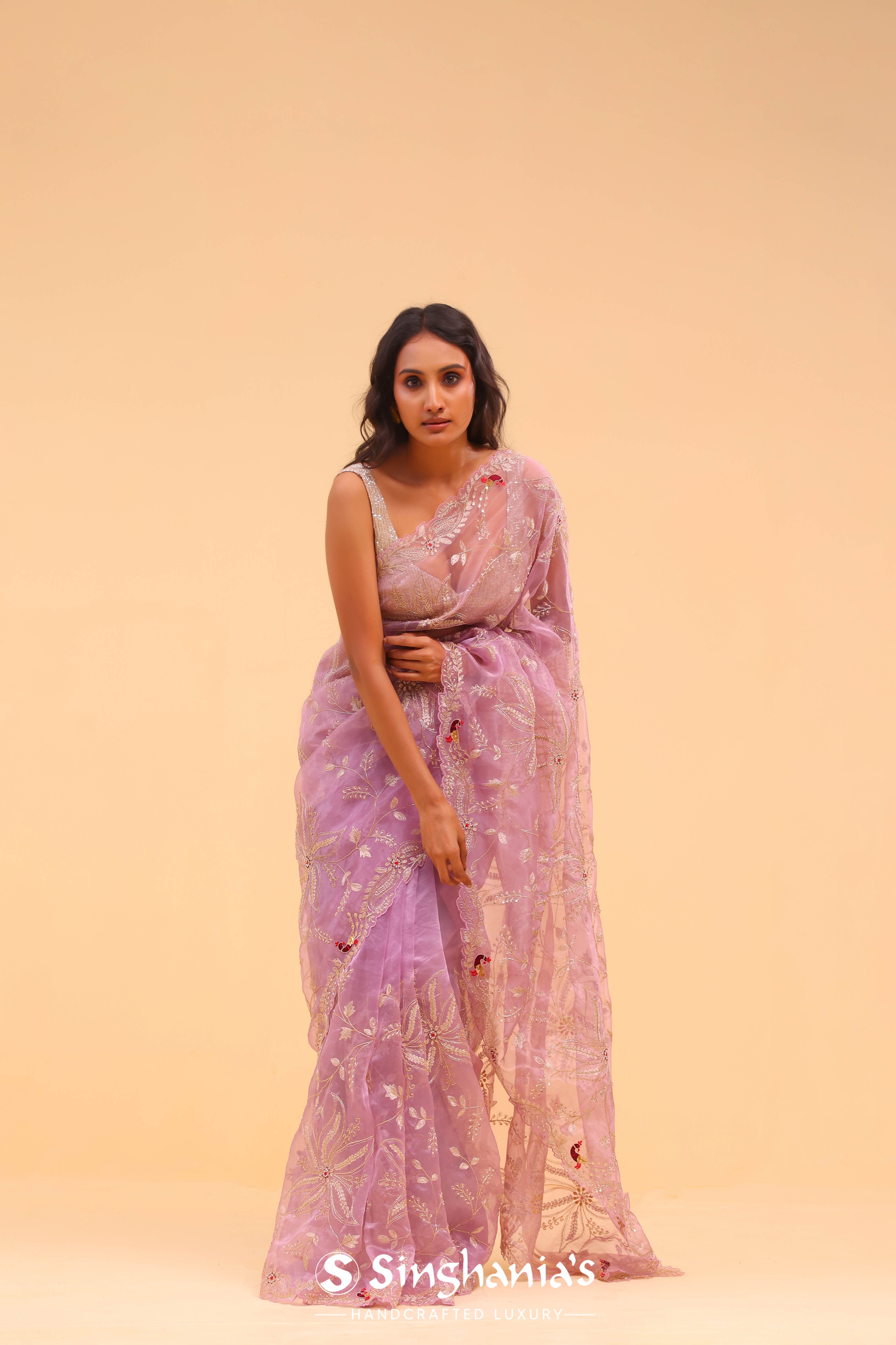 Orchid Purple Organza Handcrafted Saree