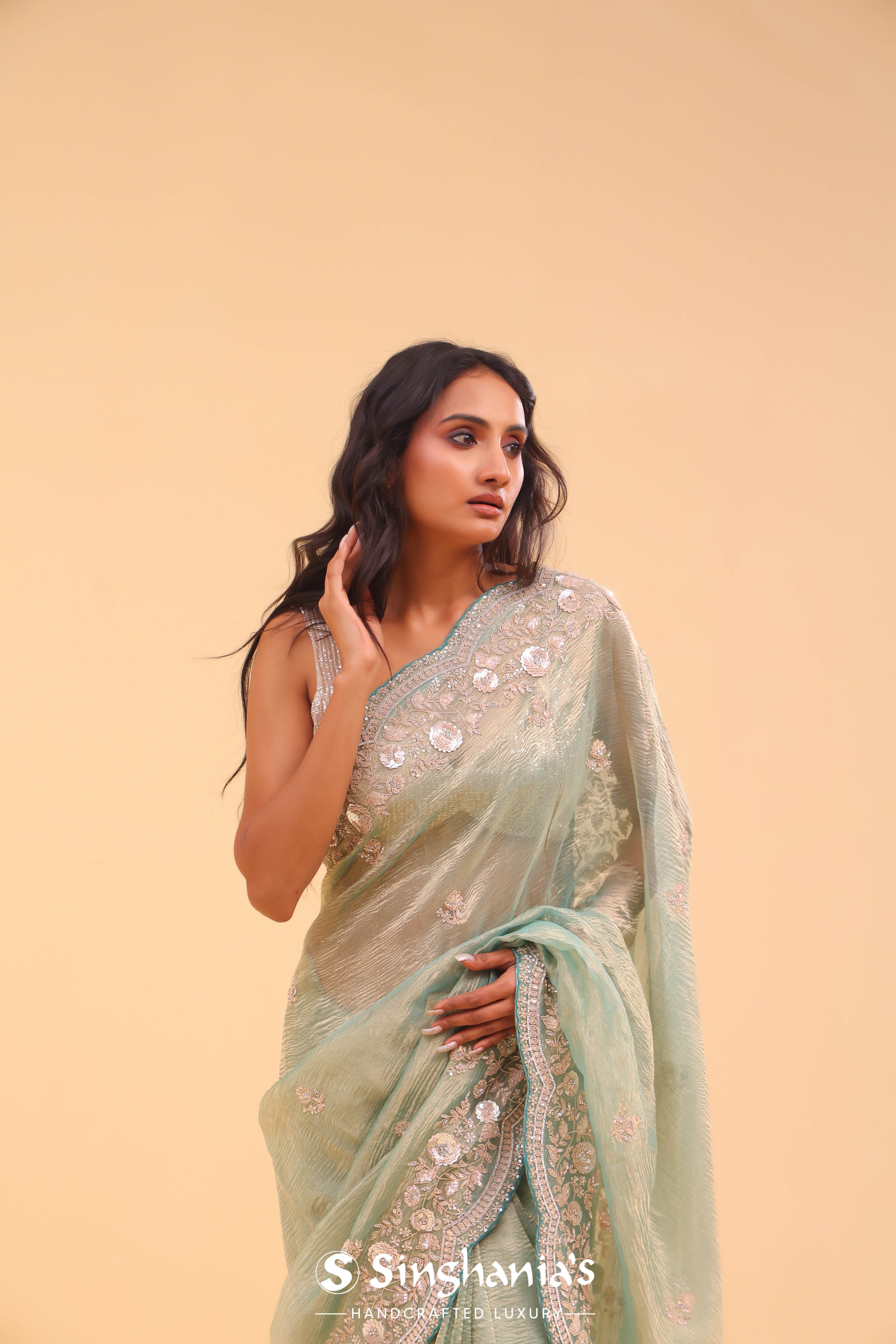 Powder Blue Crushed Organza Handcrafted Saree