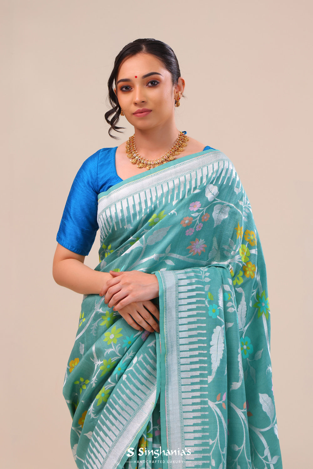 Verdigris Green Floral Banarasi Silk Saree